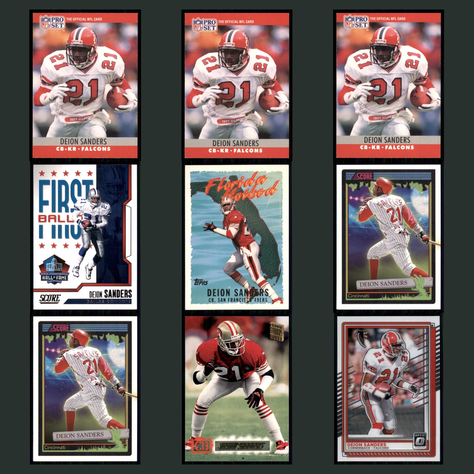 Deion Sanders Lot 9 Football Cards 1989 Pro Set Atlanta Falcons Set Collection card scans. Overall card condition is Near Mint.