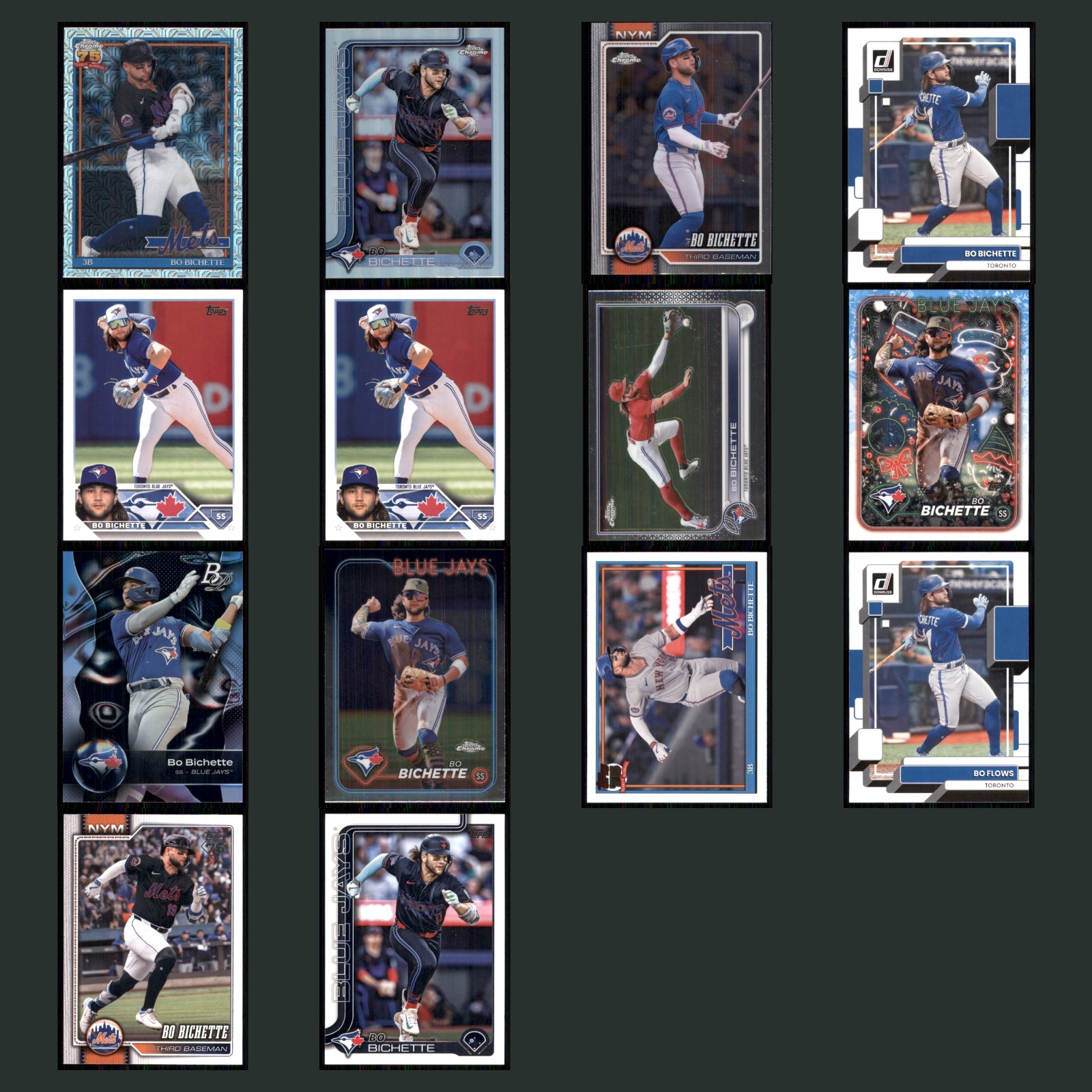 Bo Bichette Lot 14 Baseball Cards 2024 Topps Chrome New York Mets Set Collection card scans. Overall card condition is Near Mint.