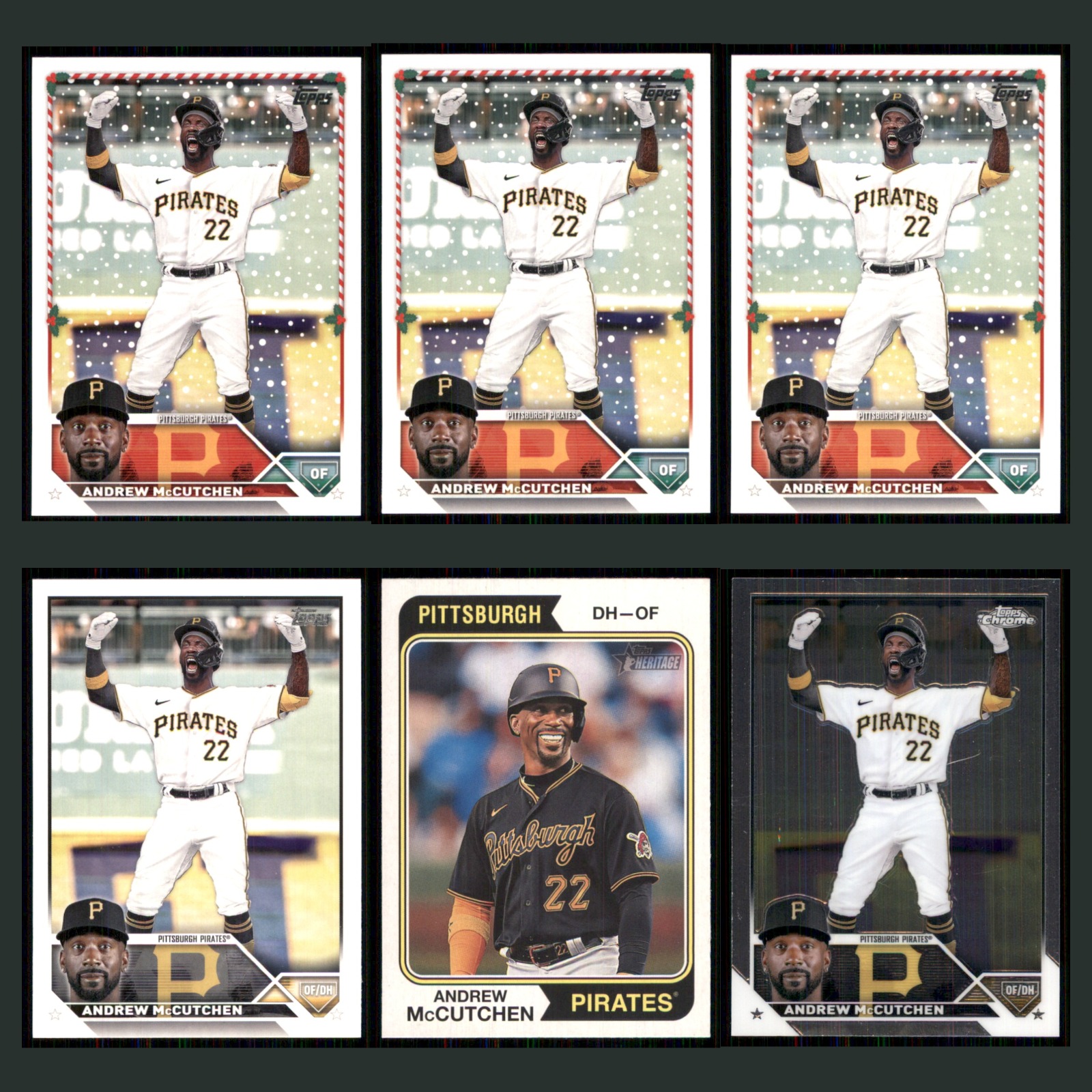 Andrew McCutchen Lot 6 Baseball Cards 2023 Topps Holiday Pittsburgh Pirates Set card scans. Overall card condition is Near Mint.