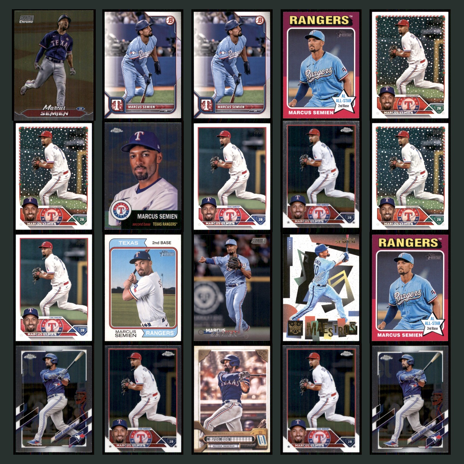 Marcus Semien Lot 20 Baseball Cards 2023 Topps Stadium Club Chrome Texas Rangers card scans. Overall card condition is Near Mint.