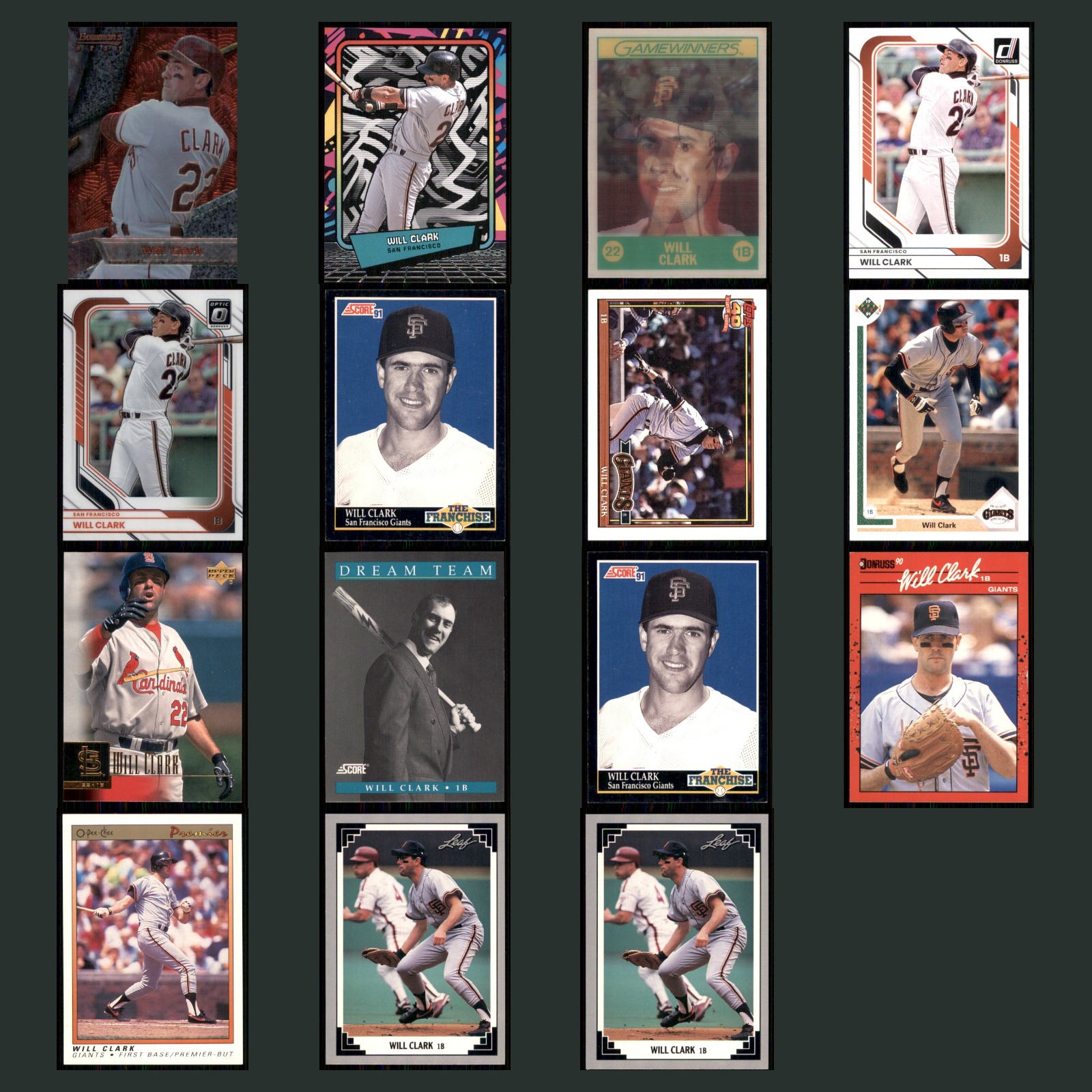 Will Clark Lot 15 Baseball Cards 1994 Bowman's Best Texas Rangers Set Collection card scans. Overall card condition is Near Mint.