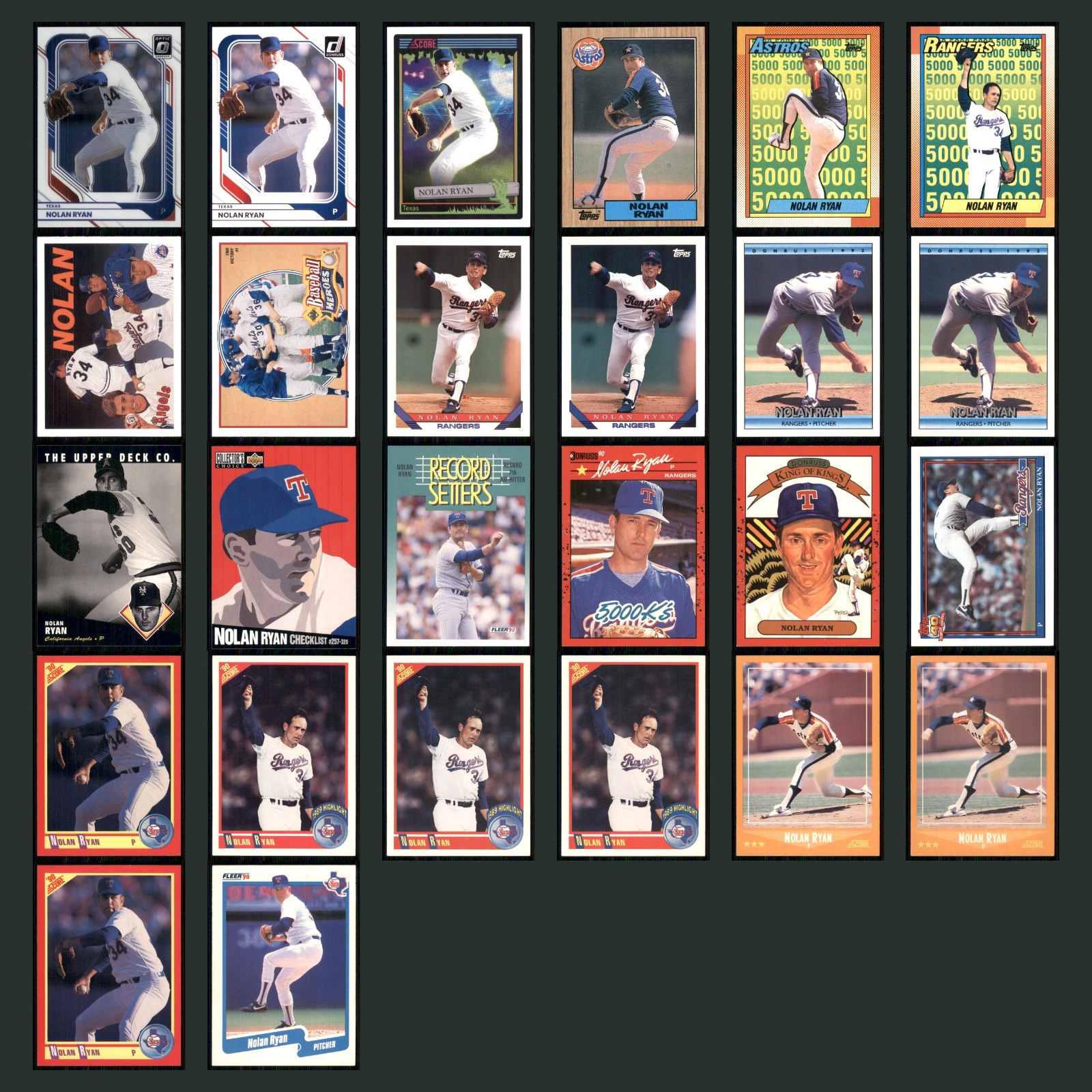 Nolan Ryan Lot 26 Baseball Cards 2026 Donruss Optic Texas Rangers Set Collection card scans. Overall card condition is Near Mint.