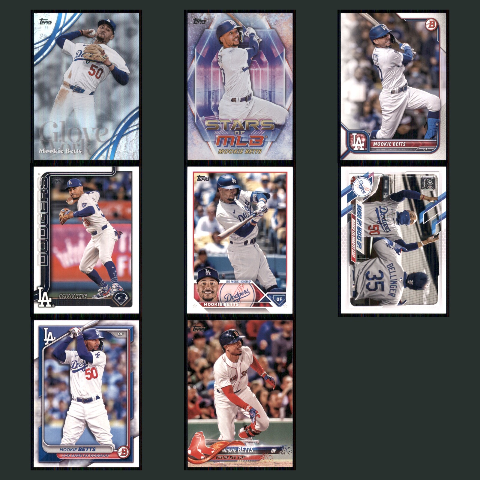 Mookie Betts Lot 8 Baseball Cards 2025 Topps Los Angeles Dodgers Set Collection card scans. Overall card condition is Near Mint.