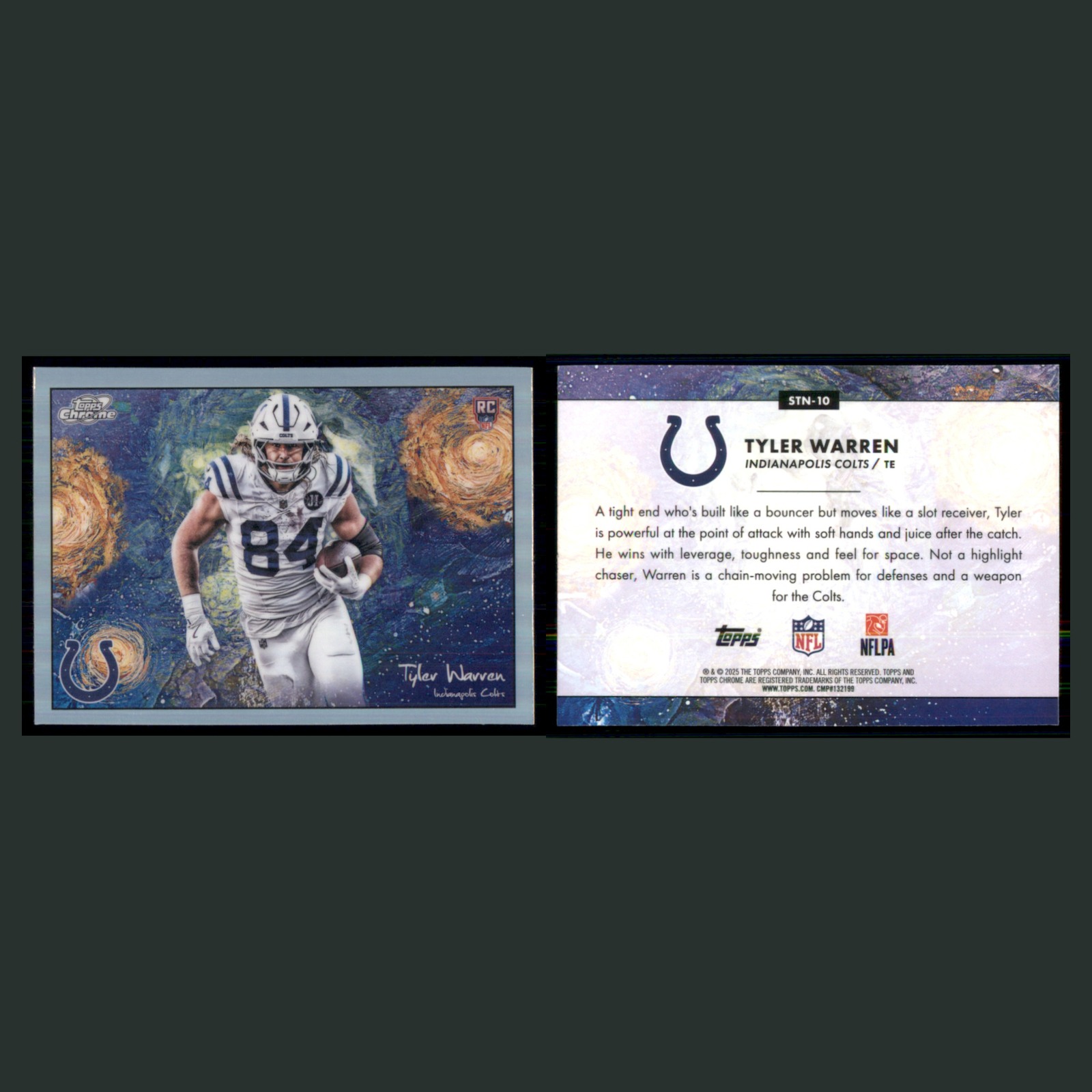 Tyler Warren Rookie #STN-10 2025 Topps Cosmic Chrome Stars in the Night Colts front and back scans. Card condition is Near Mint.