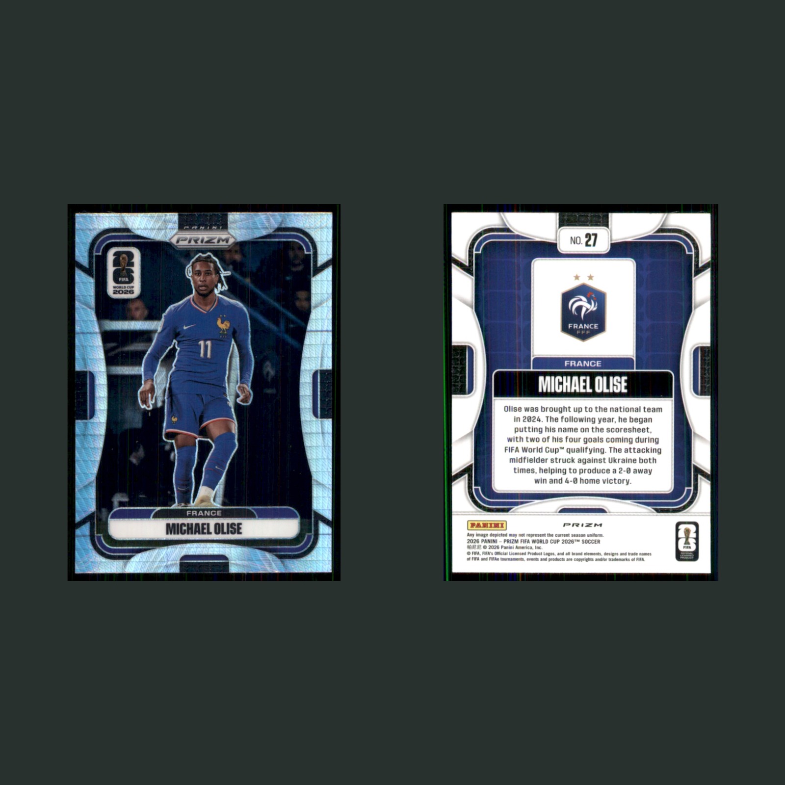 Michael Olise #27 2026 Panini Prizm FIFA World Cup 2026 Silver Hyper France Card front and back scans. Card condition is Near Mint.