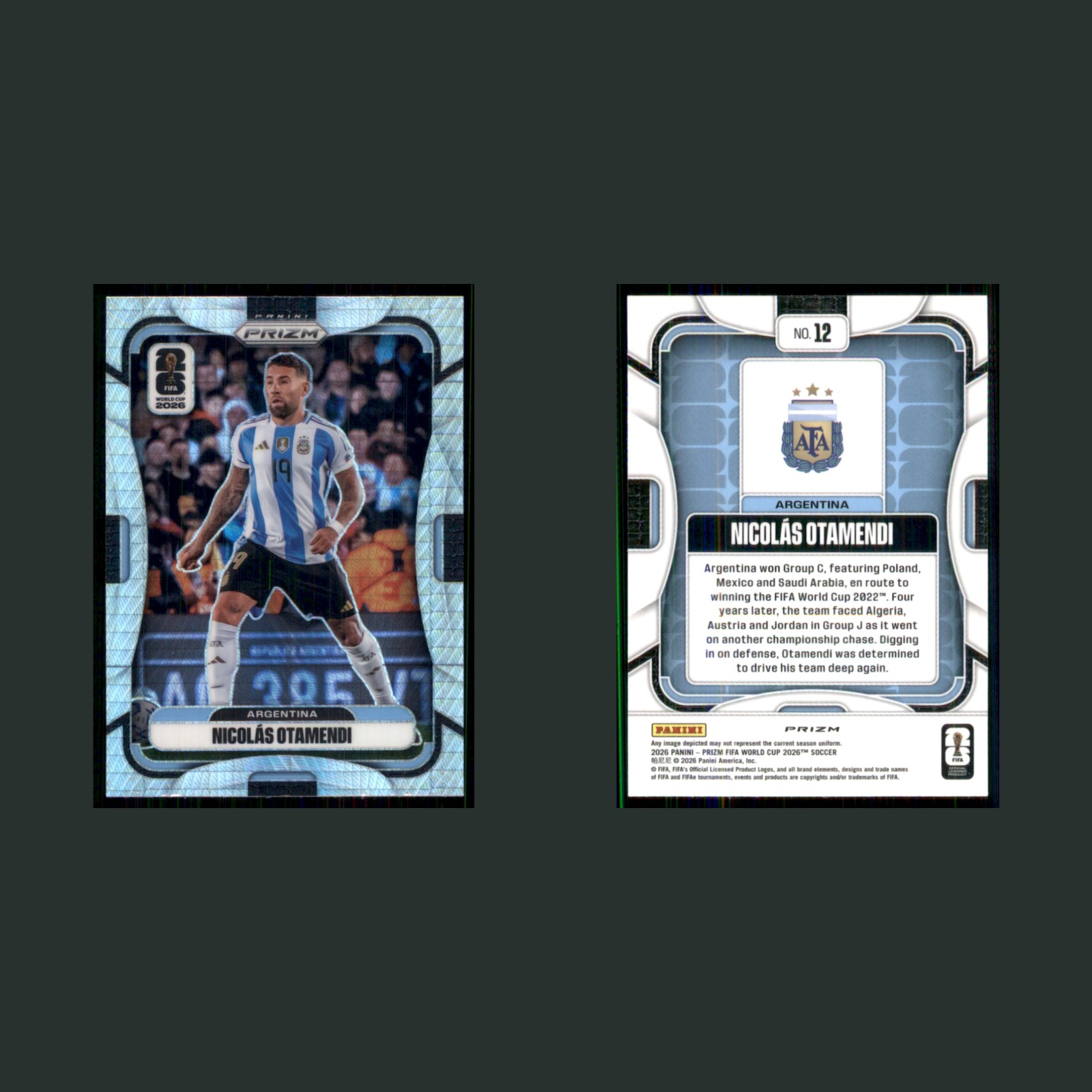 Nicolás Otamendi #12 2026 Panini Prizm FIFA World Cup 2026 Silver Hyper Soccer front and back scans. Card condition is Near Mint.