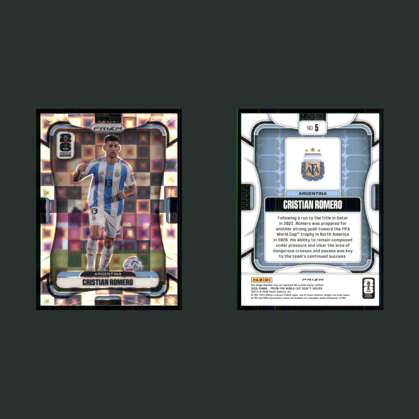 Cristian Romero #5 2026 Panini Prizm FIFA World Cup 2026 Pandora Argentina Card front and back scans. Card condition is Near Mint.
