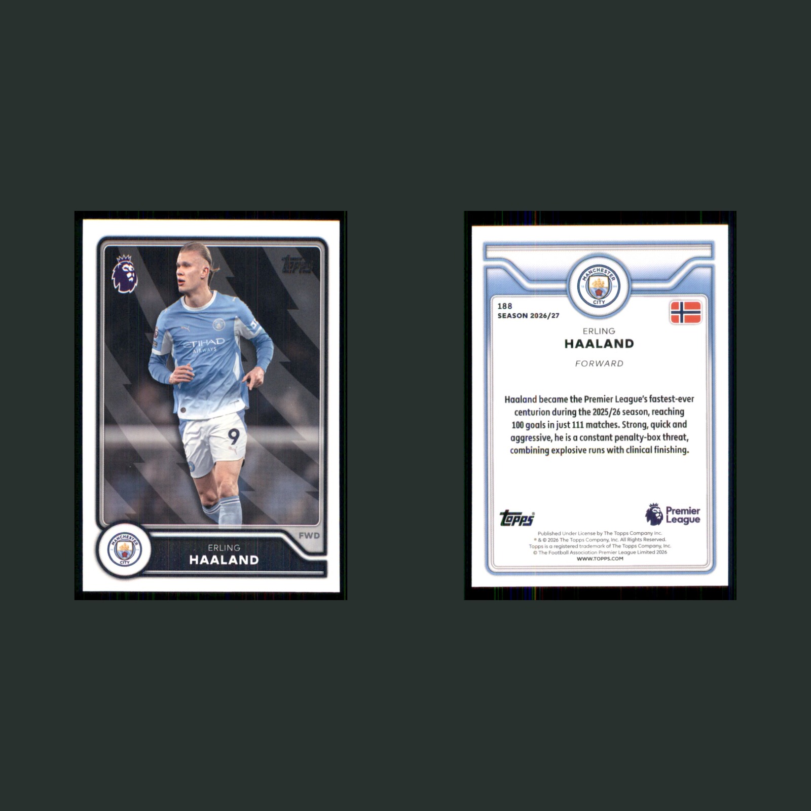 Erling Haaland #188 2026 Topps Premier League Manchester City Soccer Card front and back scans. Card condition is Near Mint.