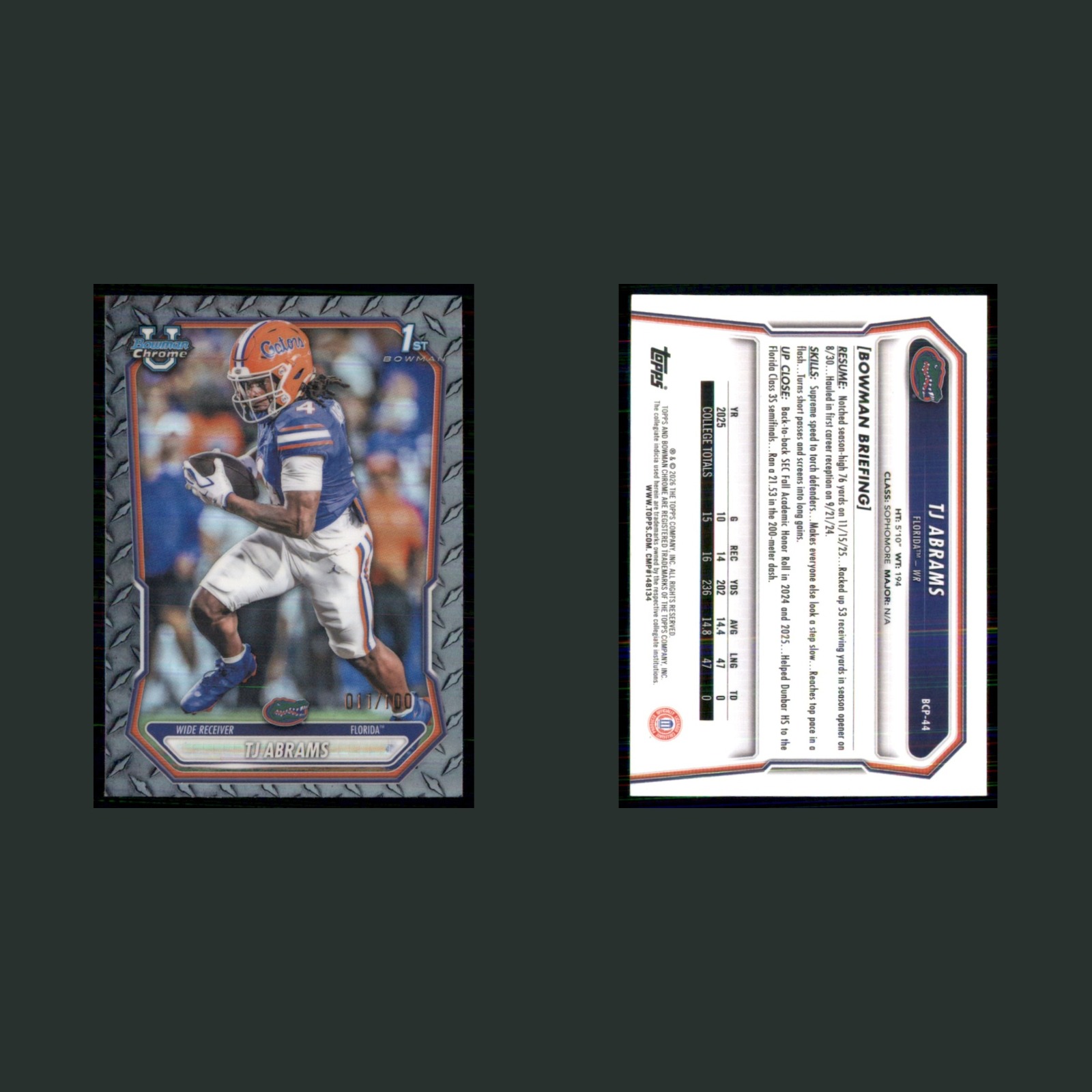 TJ Abrams Rookie /100 #BCP-44 2026 University Chrome Steel Metal Refractor Card front and back scans. Card condition is Near Mint.