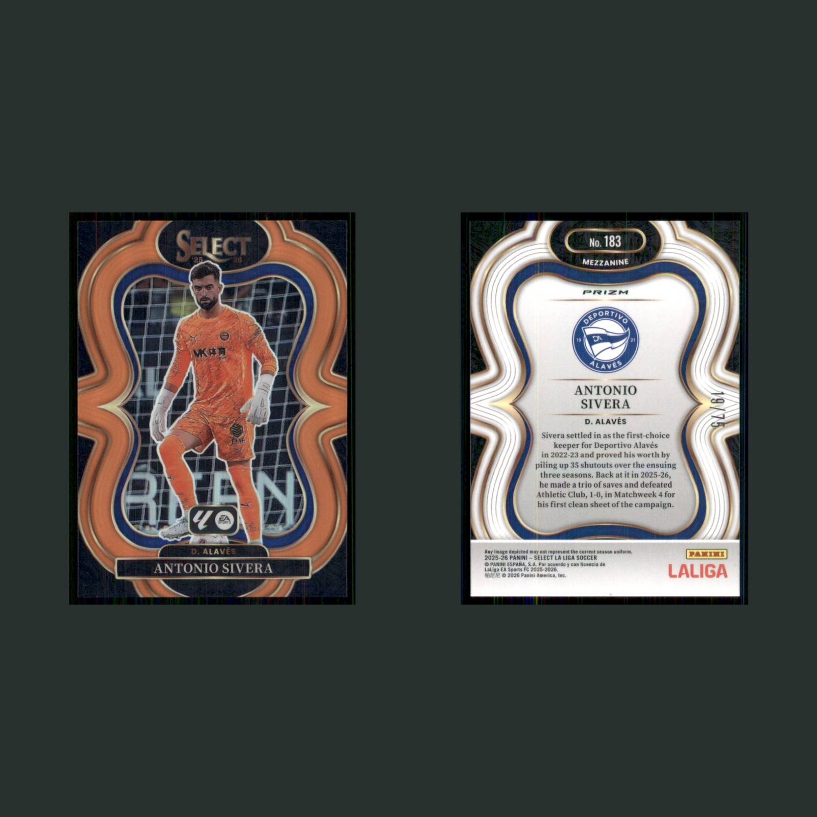 Antonio Sivera /75 #183 2025 Panini Select La Liga Mezzanine Orange Prizm Soccer front and back scans. Card condition is Near Mint.