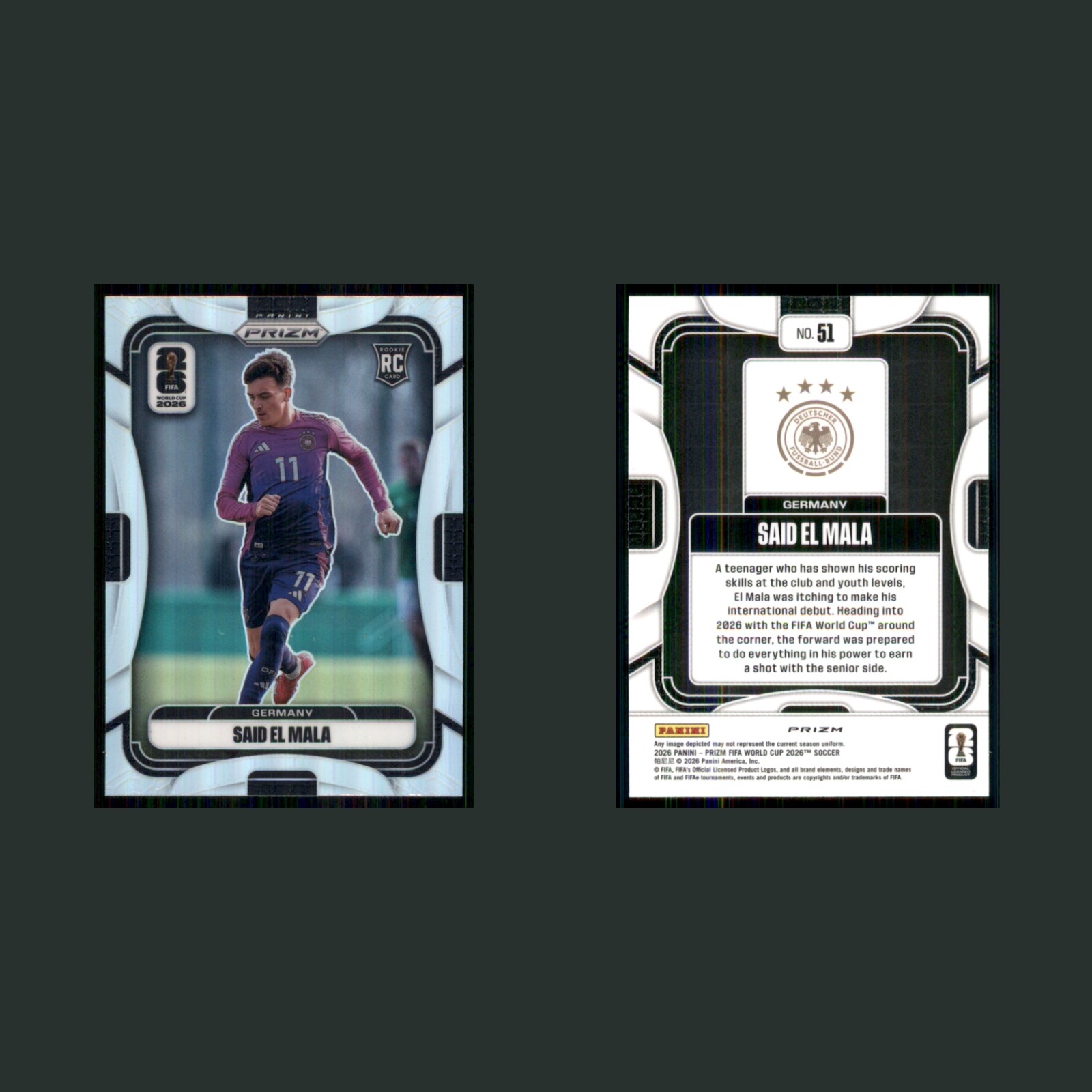 Said El Mala Rookie #51 2026 Panini Prizm FIFA World Cup Silver Germany Soccer front and back scans. Card condition is Near Mint.