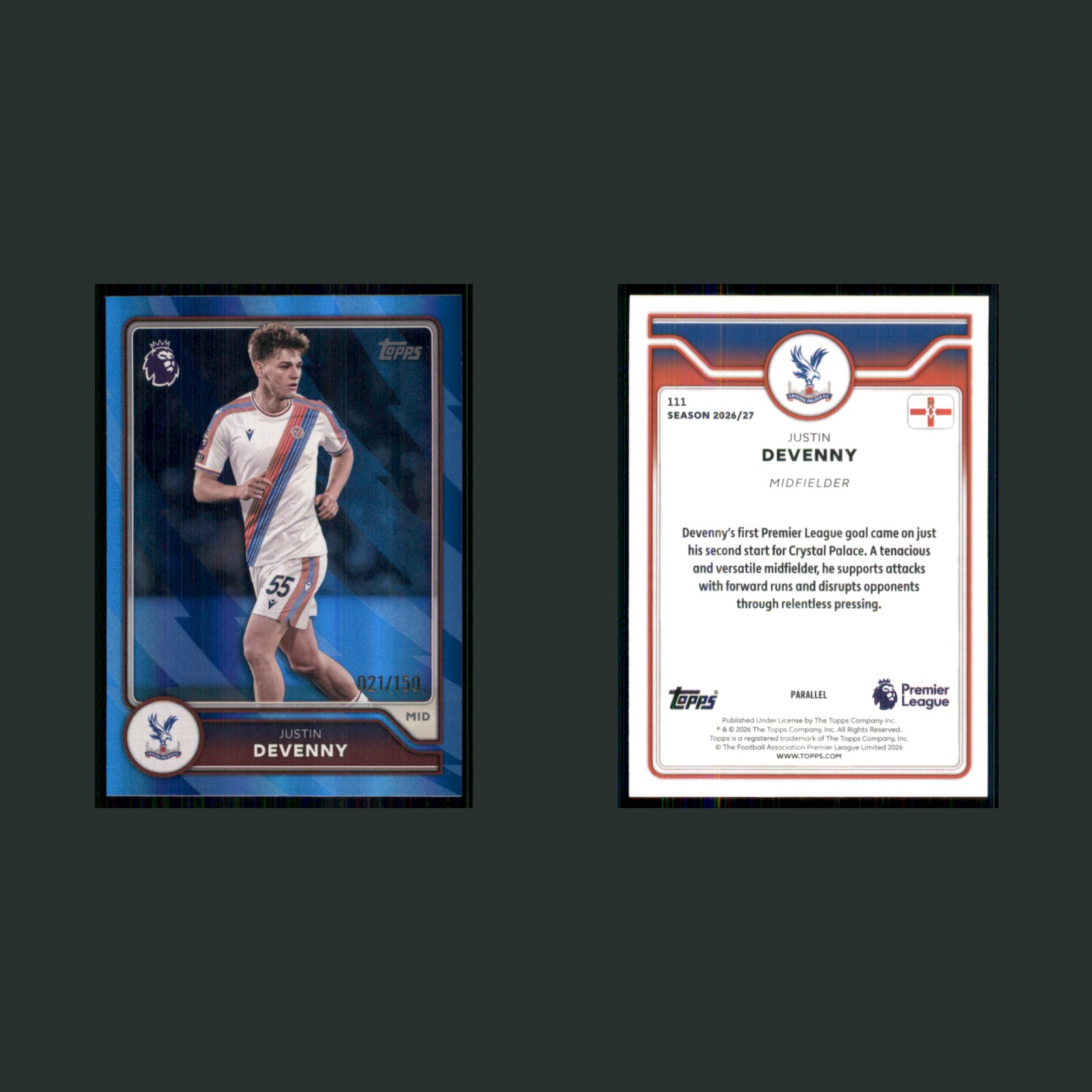 Justin Devenny /150 #111 2026 Topps Premier League Blue Crystal Palace Soccer front and back scans. Card condition is Near Mint.