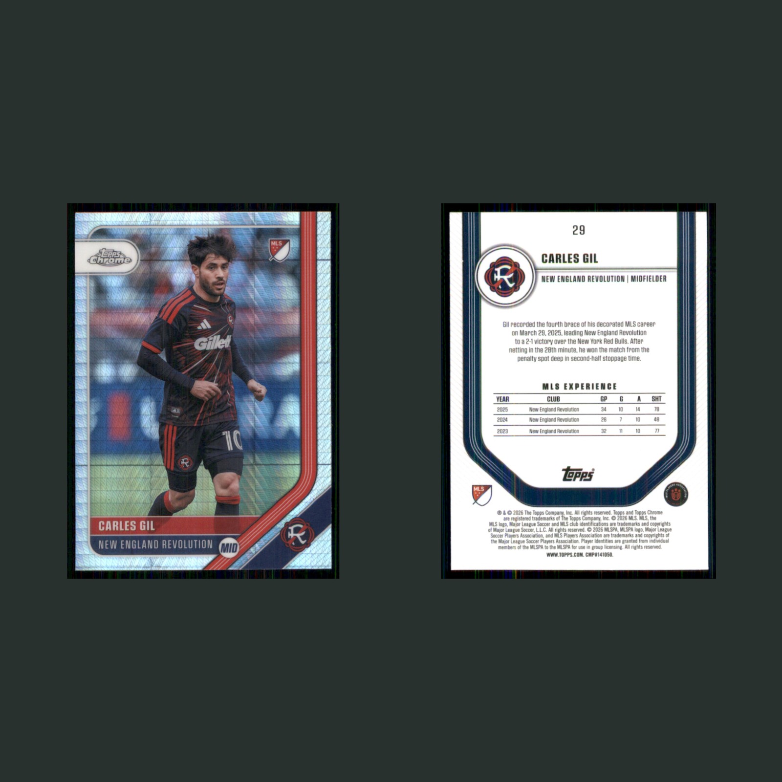 Carles Gil #29 2026 Topps Chrome MLS Prism Refractor New England Revolution Card front and back scans. Card condition is Near Mint.