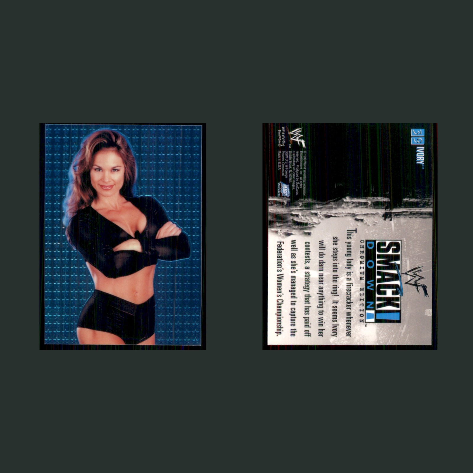 Ivory #59 1999 WWE SmackDown! ChronoMation WWE Wrestling Card front and back scans. Card condition is Near Mint.