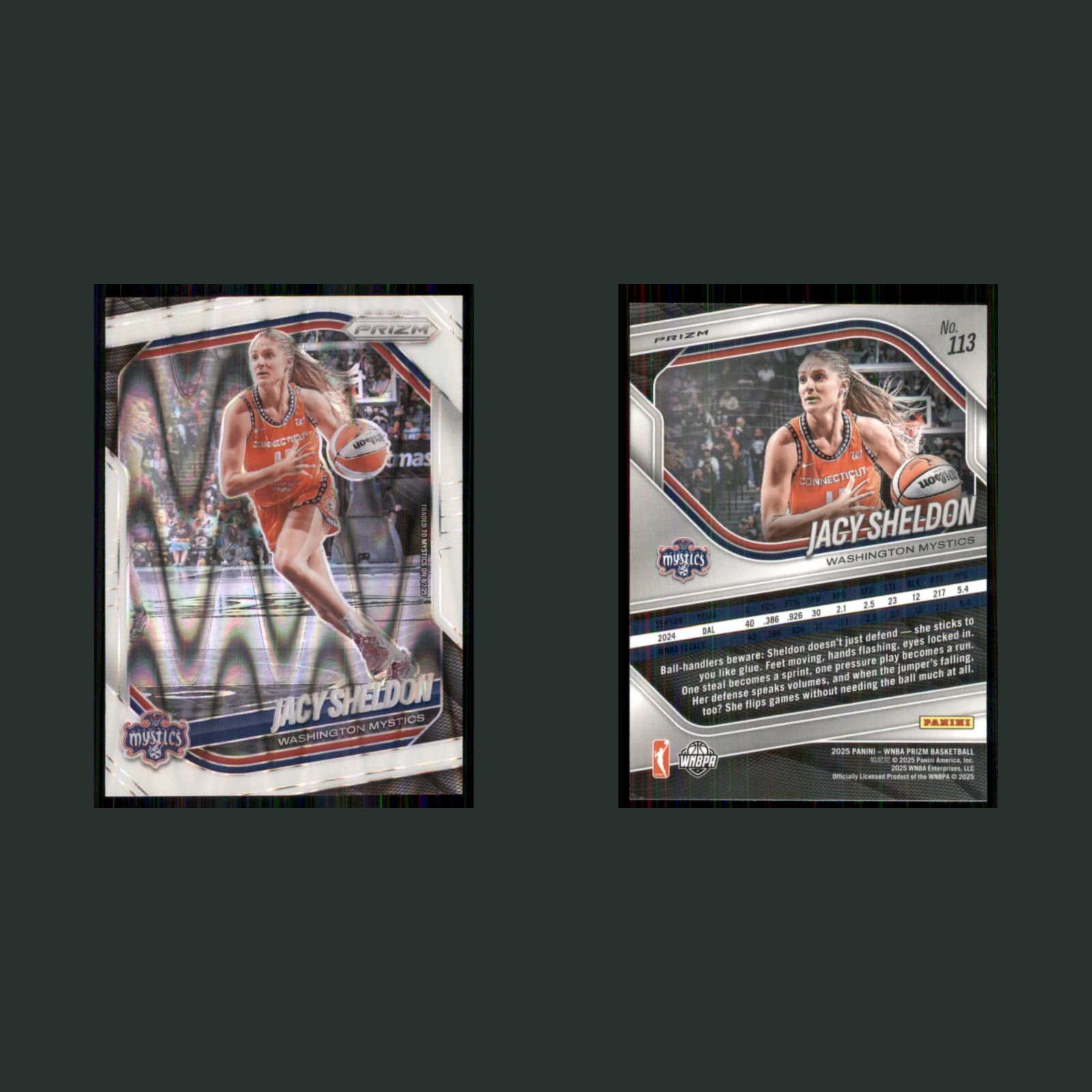 Jacy Sheldon #113 2025-26 Panini Prizm White Seismic Washington Mystics Card NBA front and back scans. Card condition is Near Mint.
