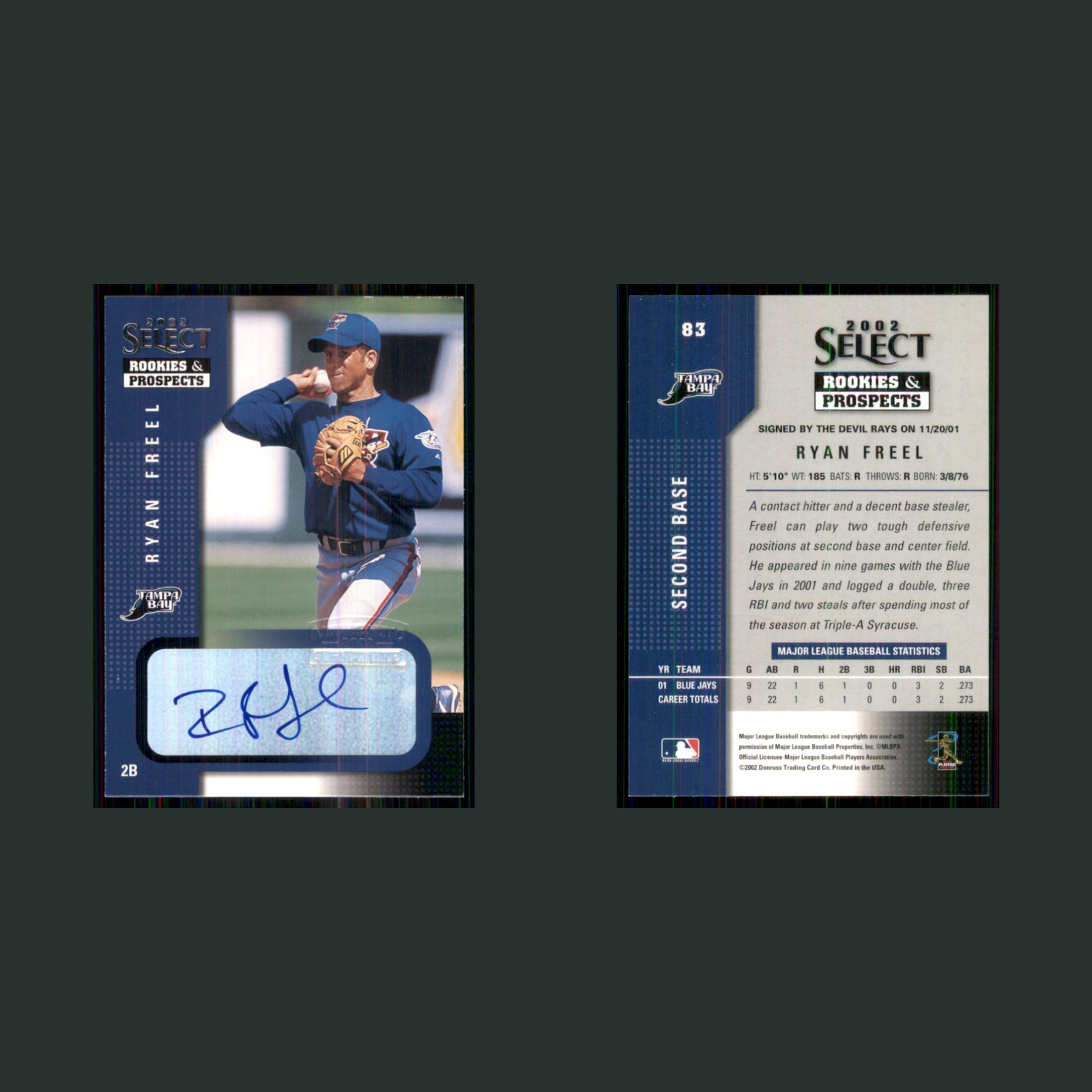 Ryan Freel Rookie #83 Autograph 2002 Select Tampa Bay Devil Rays Baseball Card front and back scans. Card condition is Near Mint.