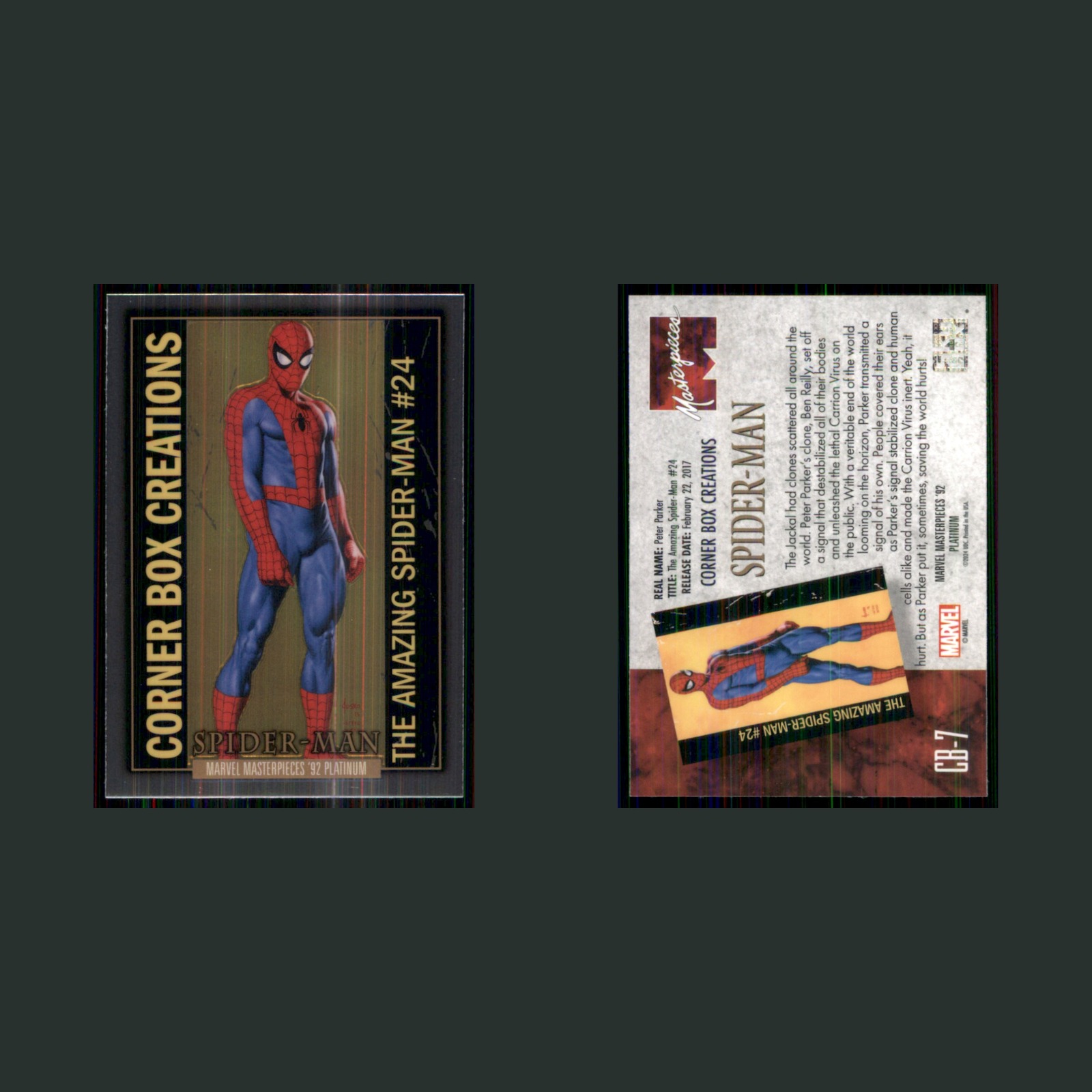 Spider-Man #CB-7 2024 Marvel Platinum Corner Box Creations Marvel Card front and back scans. Card condition is Near Mint.