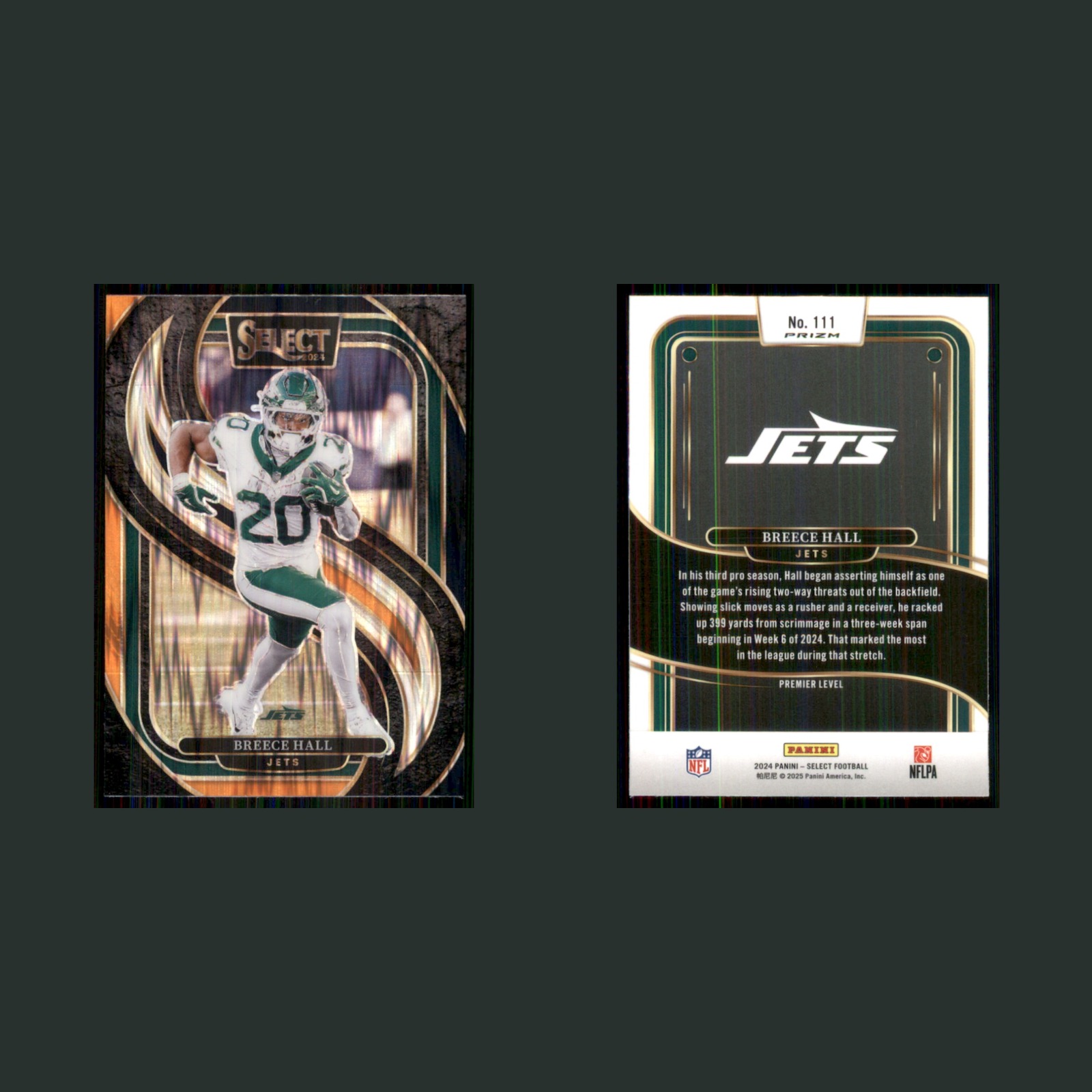 Breece Hall #111 2024 Panini Select Black Orange Shock Prizm New York Jets Card front and back scans. Card condition is Near Mint.