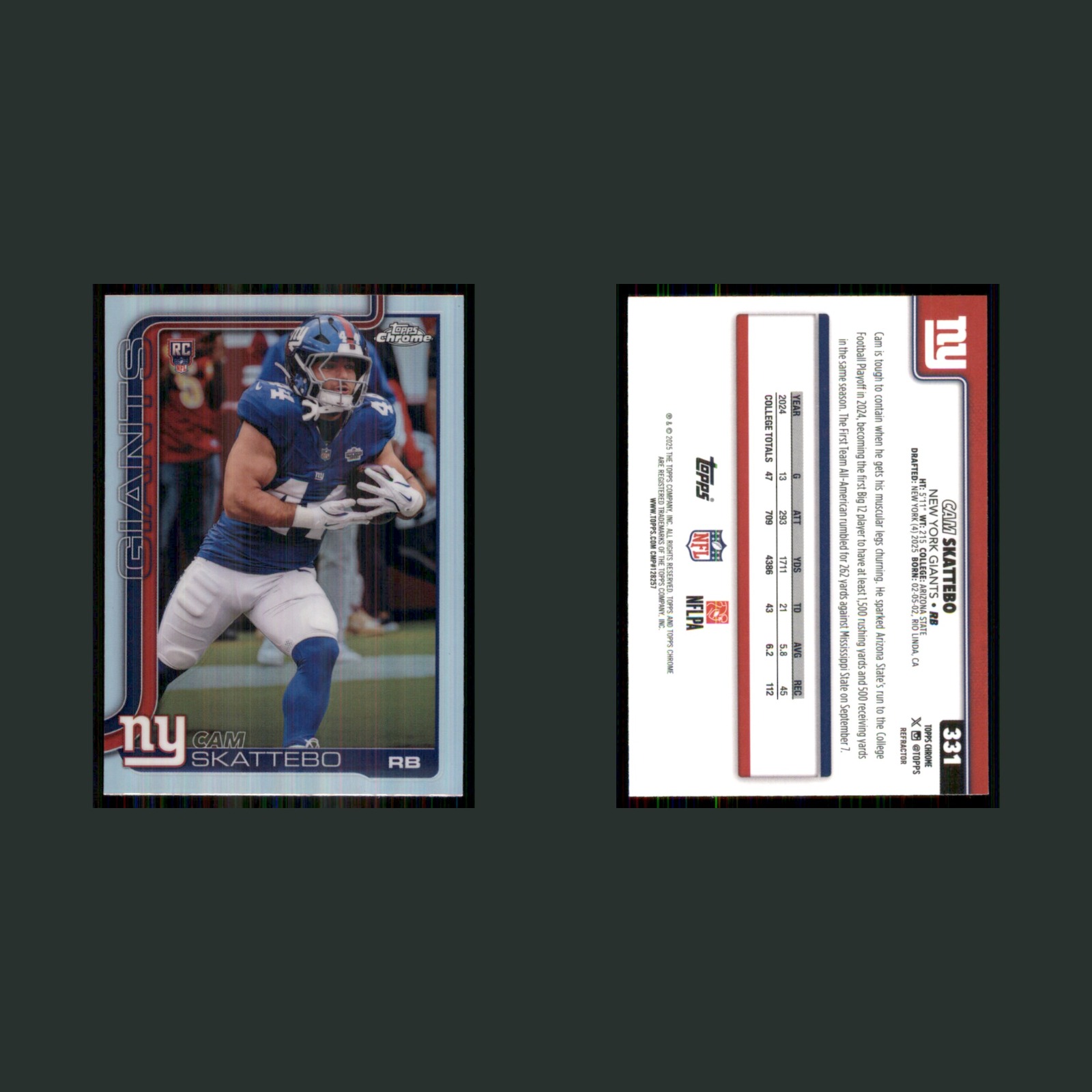 Cam Skattebo Rookie #331 2023 Topps Chrome Refractor New York Giants Football front and back scans. Card condition is Near Mint.