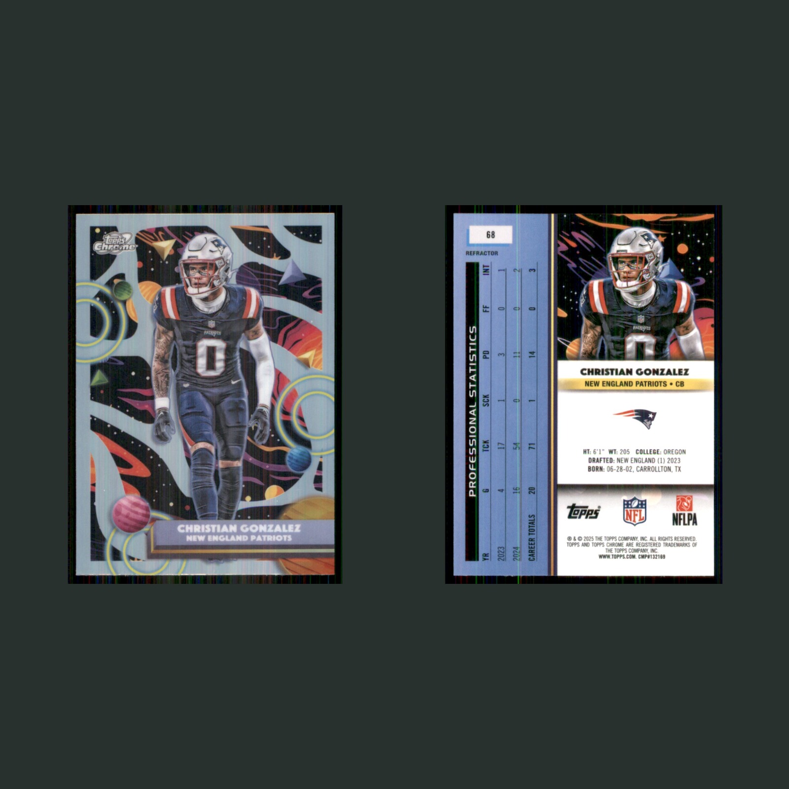 Christian Gonzalez #68 2025 Topps Chrome Cosmic Refractor New England Patriots front and back scans. Card condition is Near Mint.
