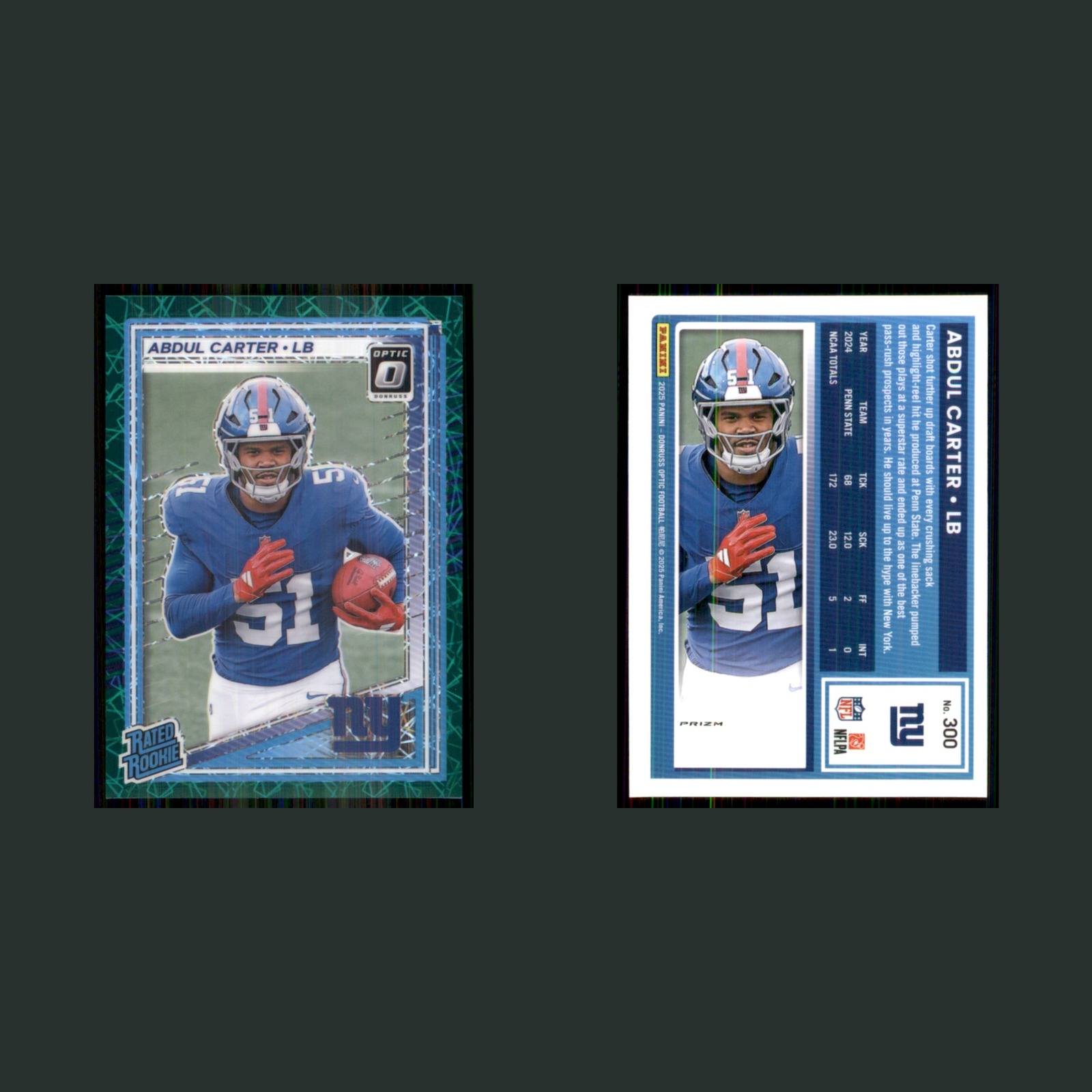 Abdul Carter Rookie #300 2025 Panini Donruss Optic Green Lazer Prizm Giants Card front and back scans. Card condition is Near Mint.