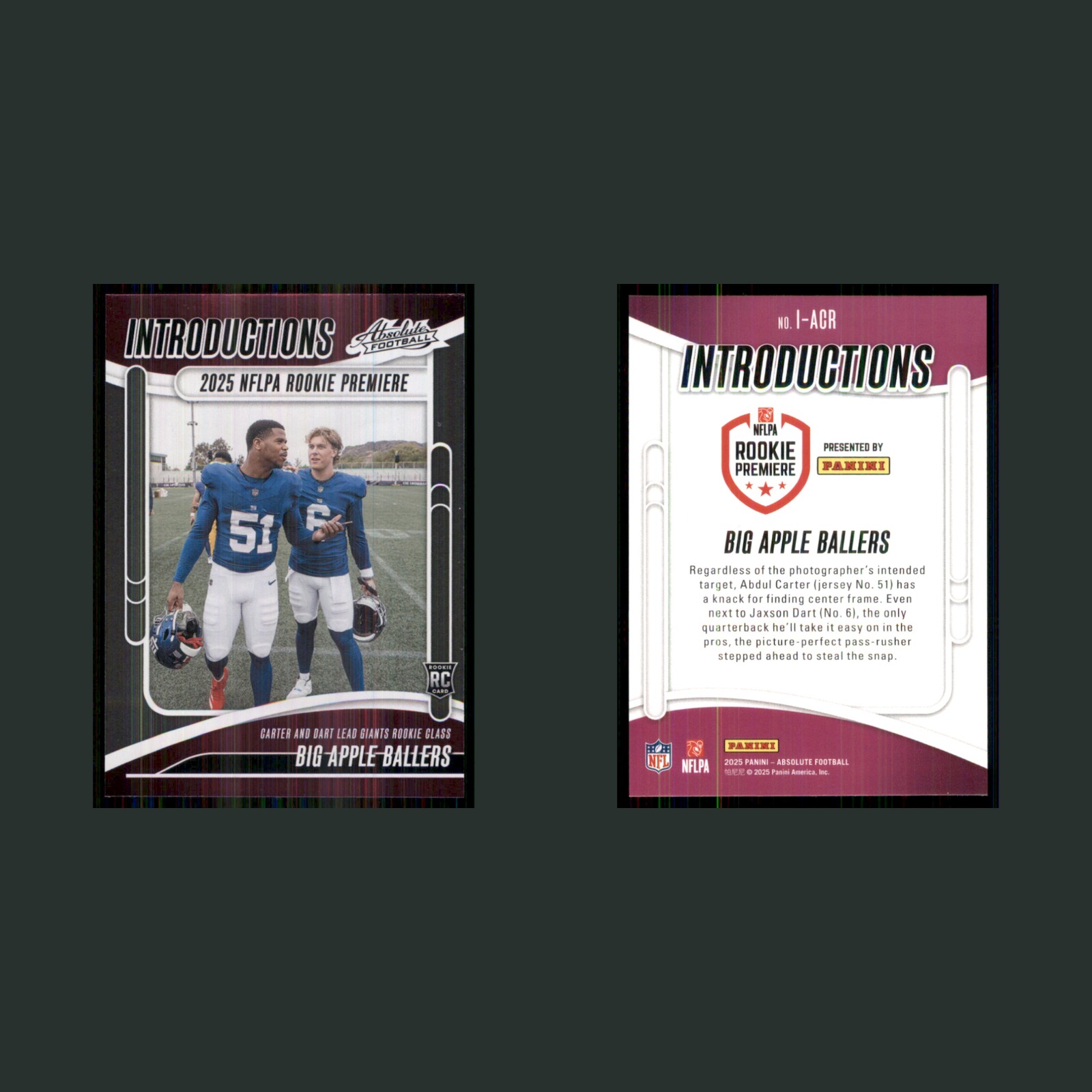 Abdul Carter/Jaxson Dart Rookie #1 2025 Panini Absolute Introductions Giants NFL front and back scans. Card condition is Near Mint.