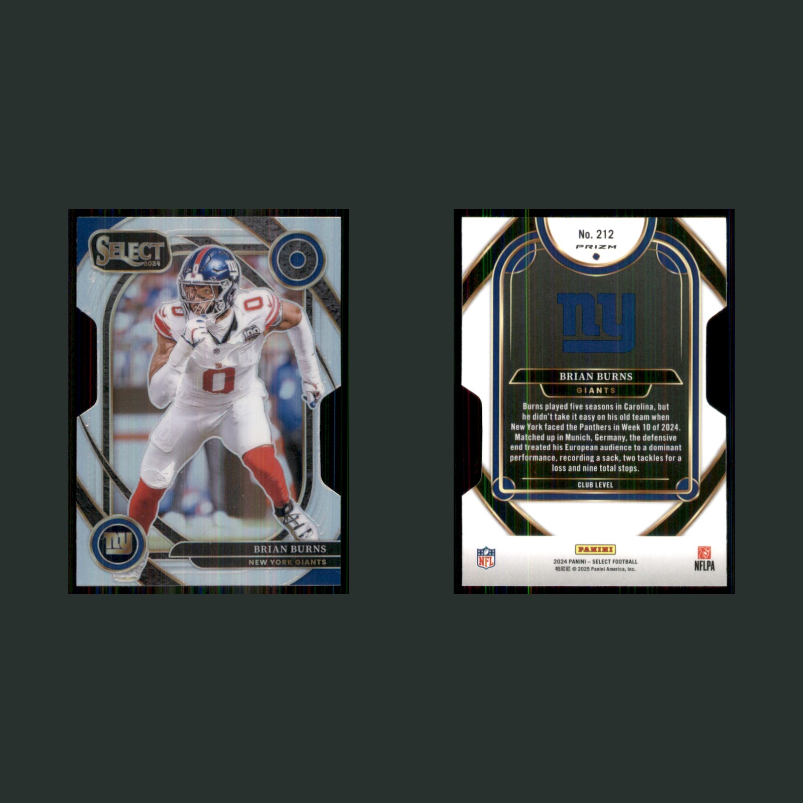 Brian Burns #212 2024 Panini Select Silver Die-Cut Prizm New York Giants Card front and back scans. Card condition is Near Mint.