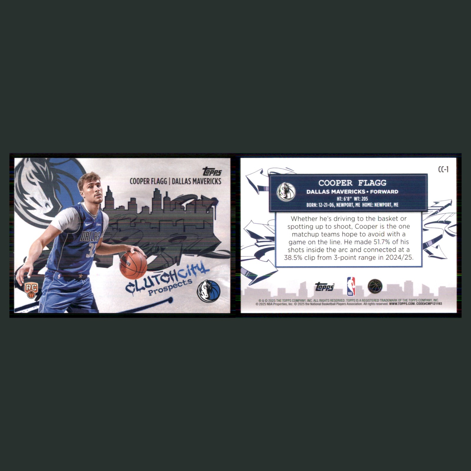 Cooper Flagg Rookie #CC-1 2025-26 Topps Chrome Clutch City Dallas Mavericks Card front and back scans. Card condition is Near Mint.