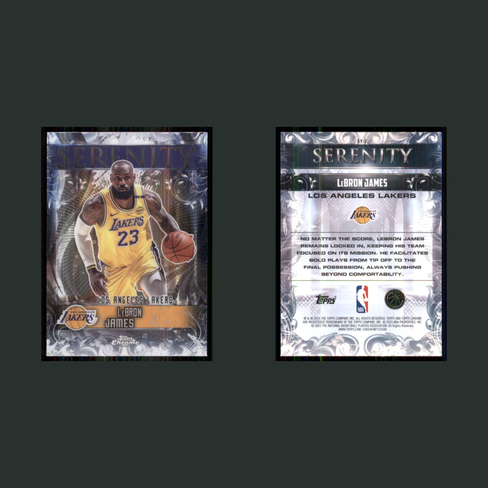 LeBron James #SY-2 2025-26 Topps Chrome Serenity Los Angeles Lakers Basketball front and back scans. Card condition is Near Mint.