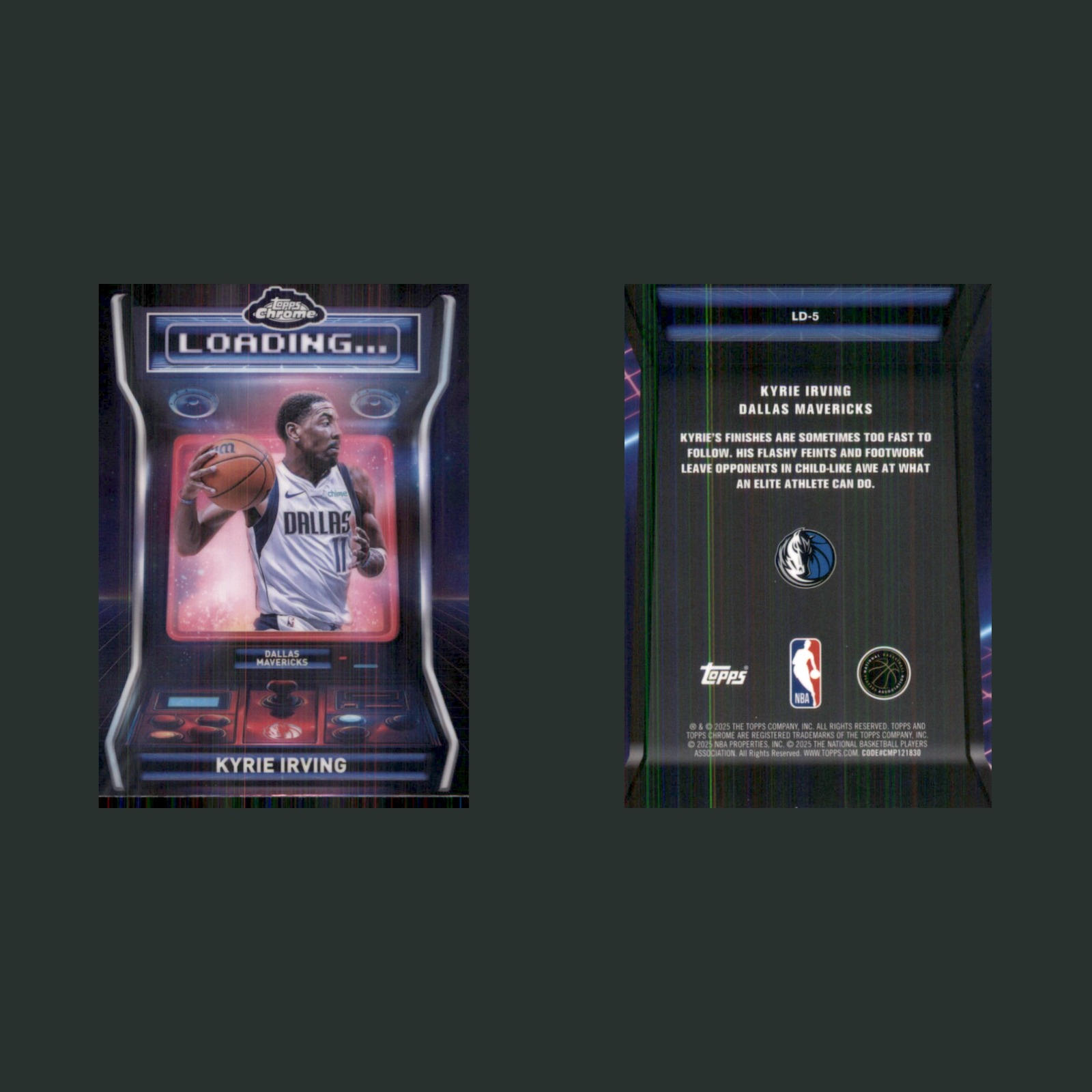 Kyrie Irving #LD-5 2025-26 Topps Chrome Loading Dallas Mavericks Basketball Card front and back scans. Card condition is Near Mint.