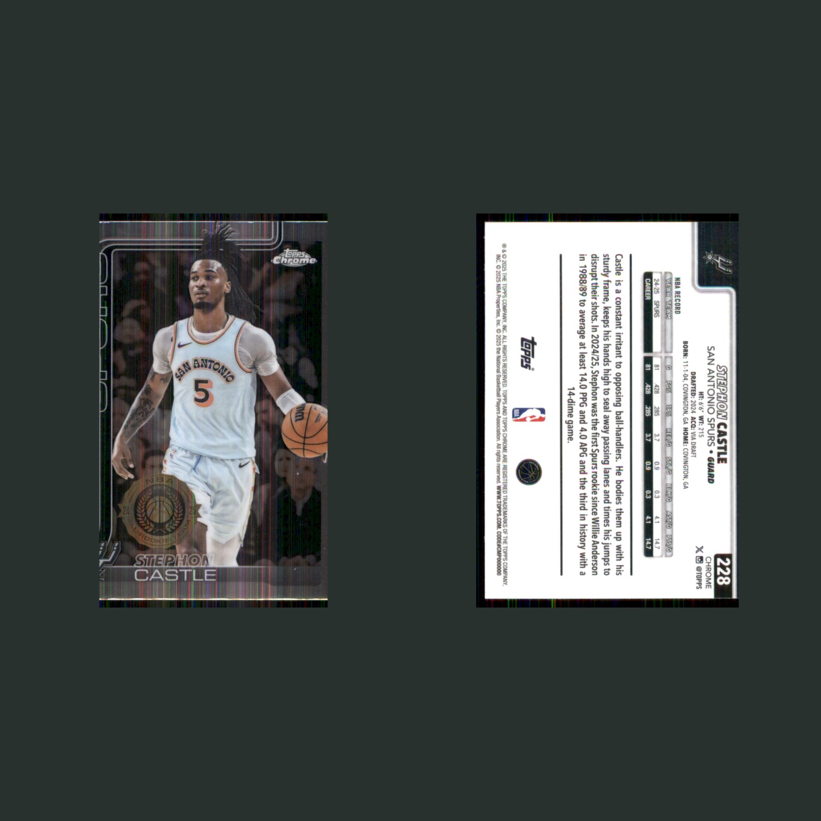 Stephon Castle #228 2025-26 Topps Chrome San Antonio Spurs Basketball Card NBA front and back scans. Card condition is Near Mint.