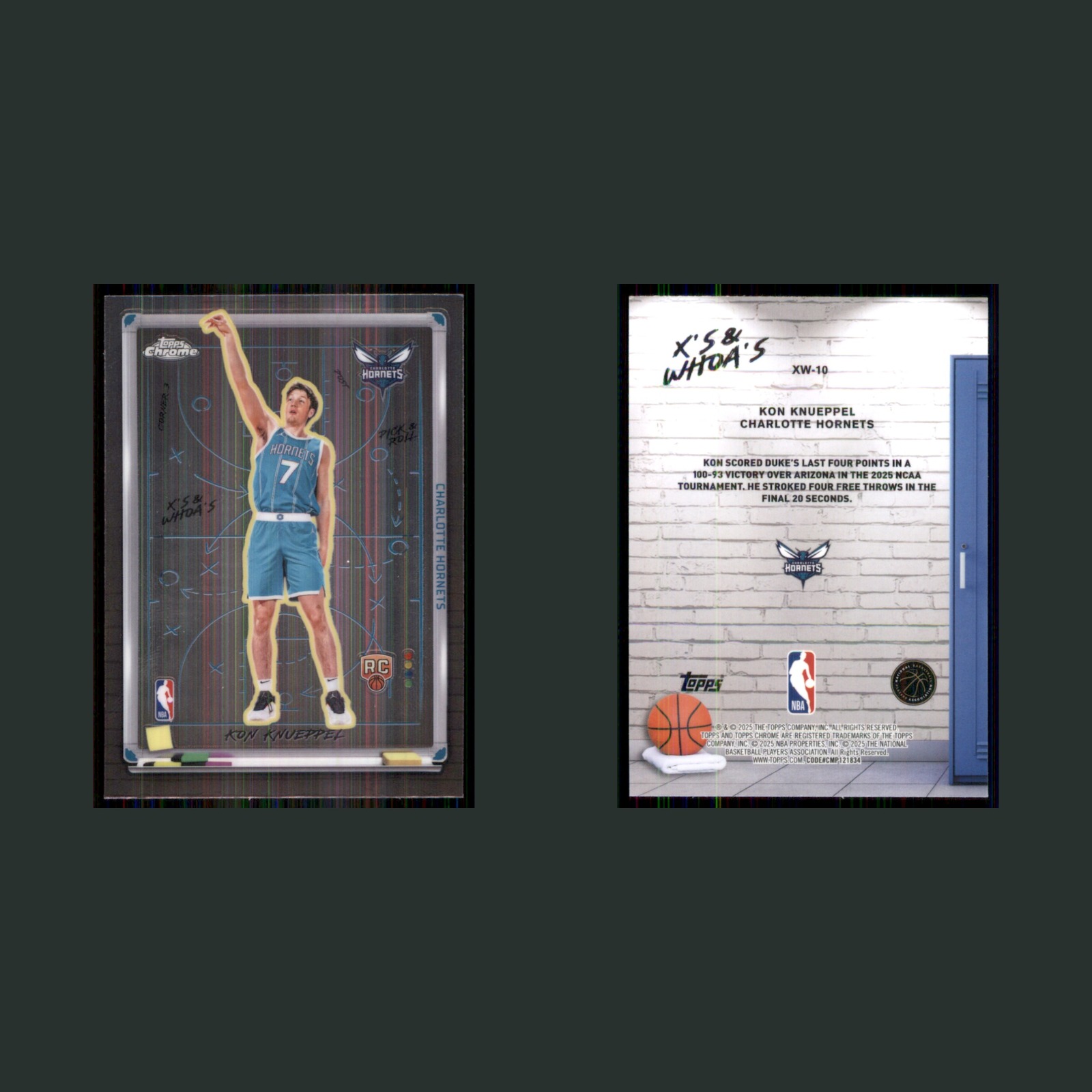 Kon Knueppel Rookie #XW-10 2025-26 Topps Chrome X's & Whoa's Charlotte Hornets front and back scans. Card condition is Near Mint.