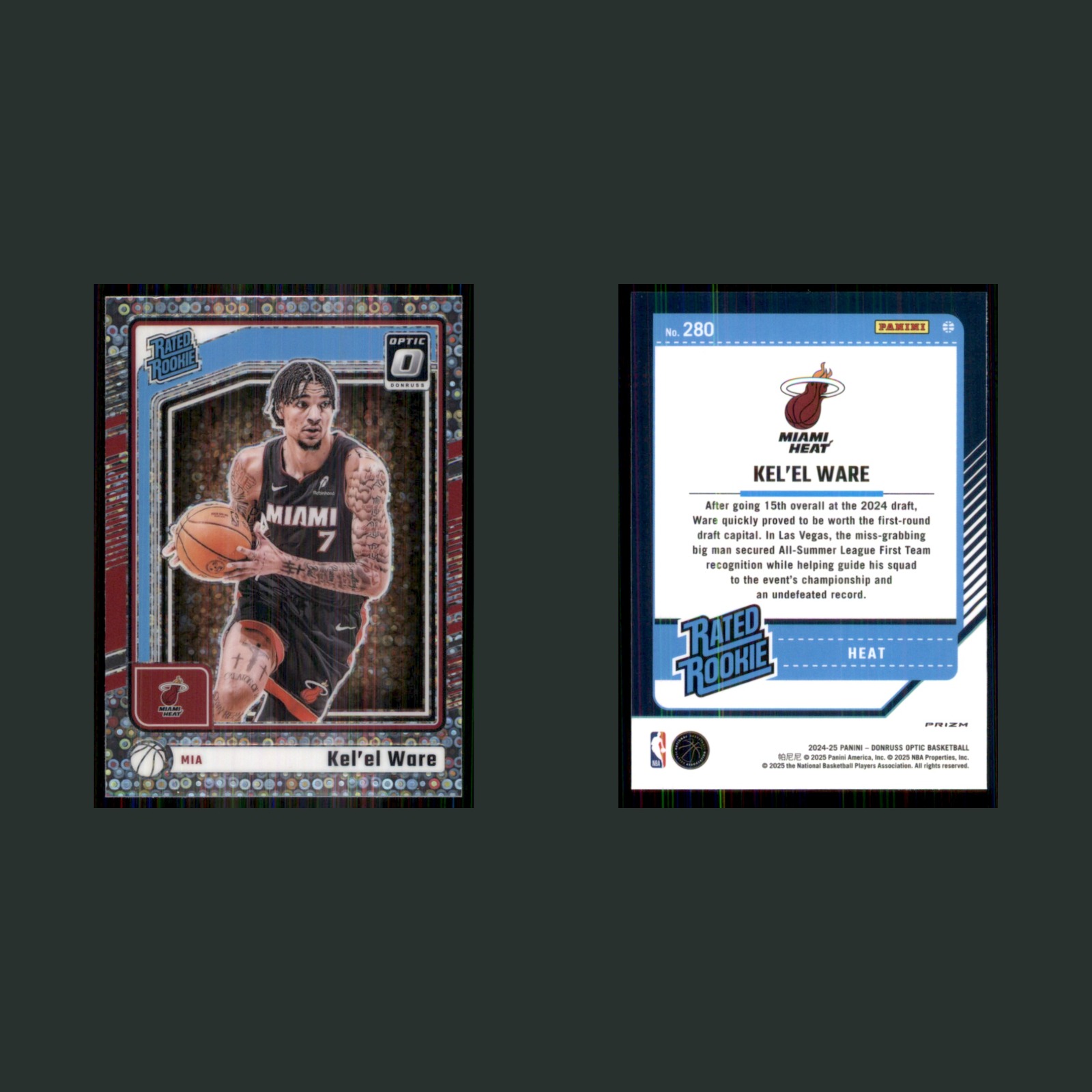 Kel'el Ware Rookie #280 2024-25 Panini Donruss Optic Disco Prizm Miami Heat Card front and back scans. Card condition is Near Mint.