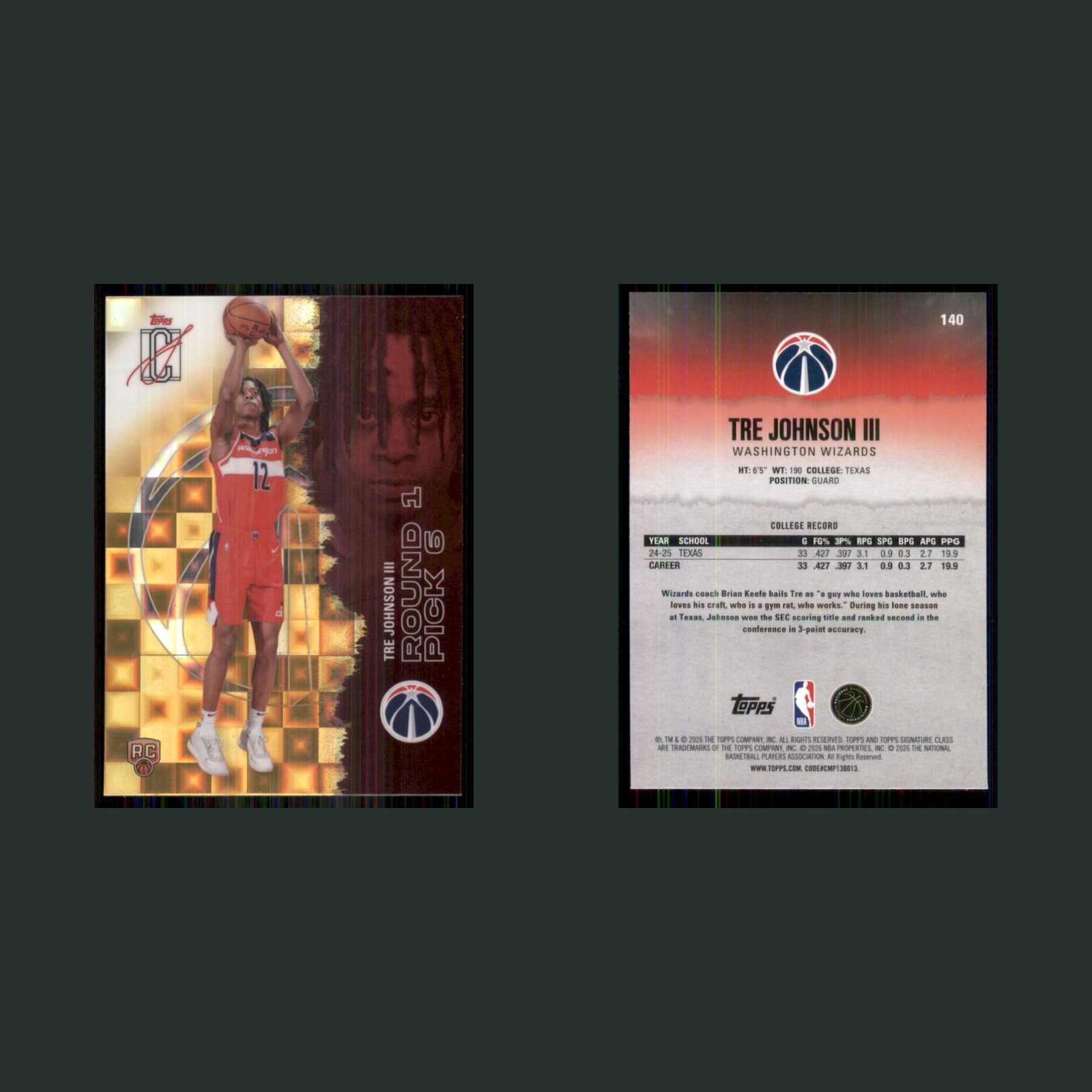 Tre Johnson III Rookie #140 2026-27 Topps Signature Class Yellow Pandora Wizards front and back scans. Card condition is Near Mint.