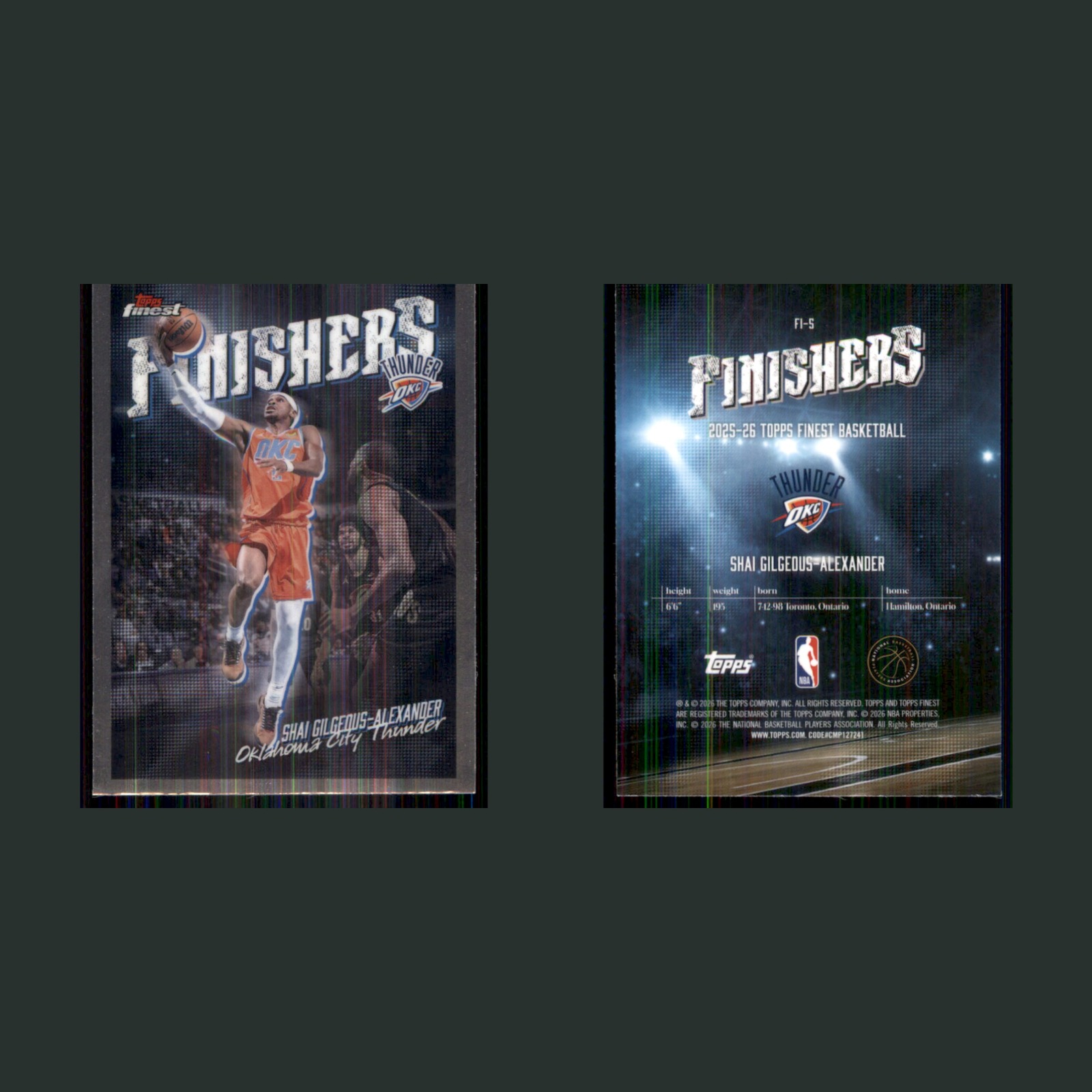 Shai Gilgeous-Alexander #FI-5 2025-26 Topps Finest Finishers Thunder Basketball front and back scans. Card condition is Near Mint.