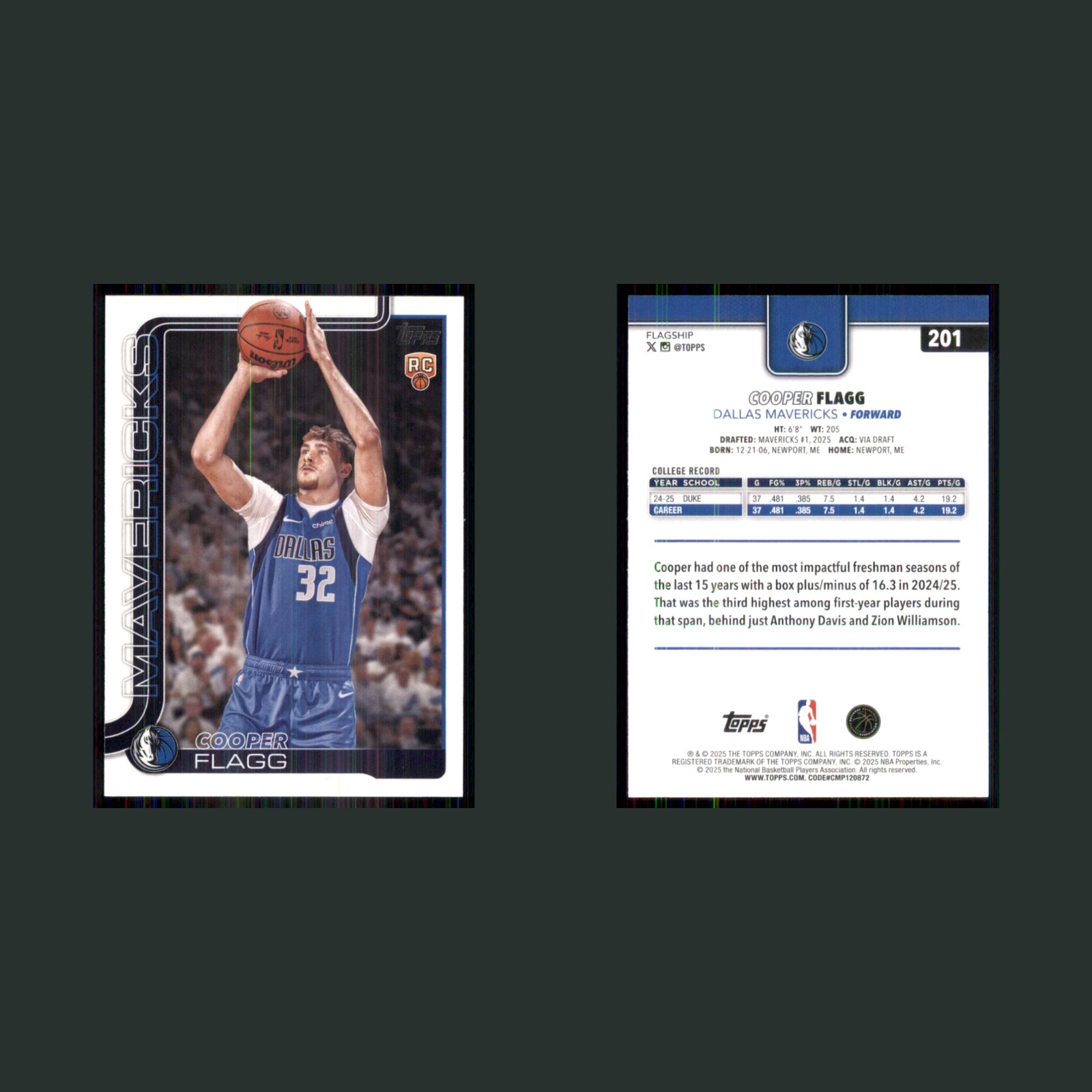 Cooper Flagg Rookie #201 2025-26 Topps Dallas Mavericks Basketball Card NBA front and back scans. Card condition is Near Mint.