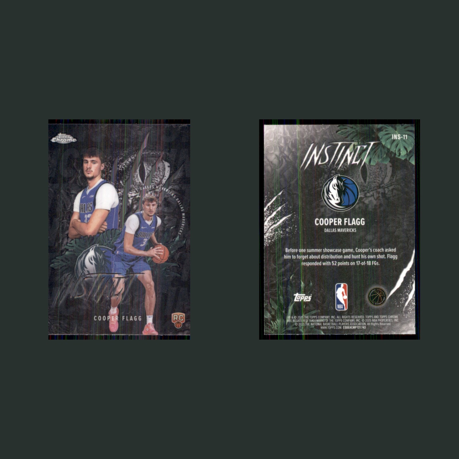 Cooper Flagg Rookie #INS-11 2025-26 Topps Chrome Instinct Dallas Mavericks Card front and back scans. Card condition is Near Mint.