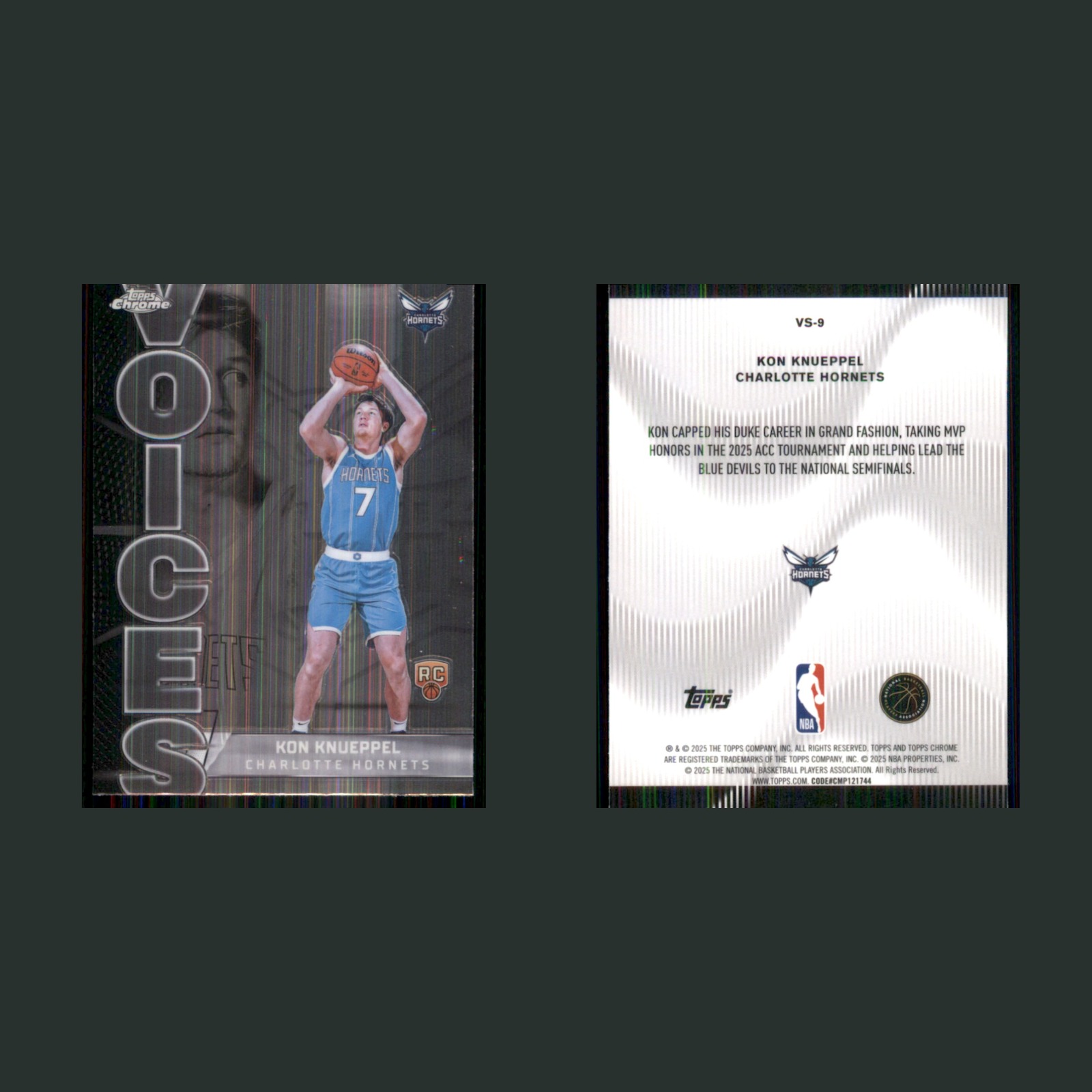 Kon Knueppel Rookie #VS-9 2025-26 Topps Chrome Voices Charlotte Hornets Card NBA front and back scans. Card condition is Near Mint.