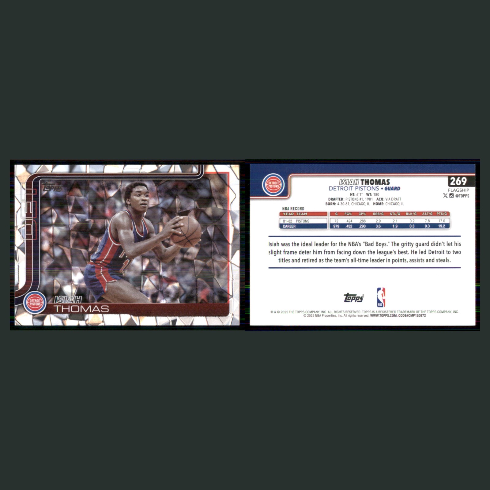 Isiah Thomas #269 2023-24 Topps Chrome Diamante Foil Detroit Pistons Basketball front and back scans. Card condition is Near Mint.