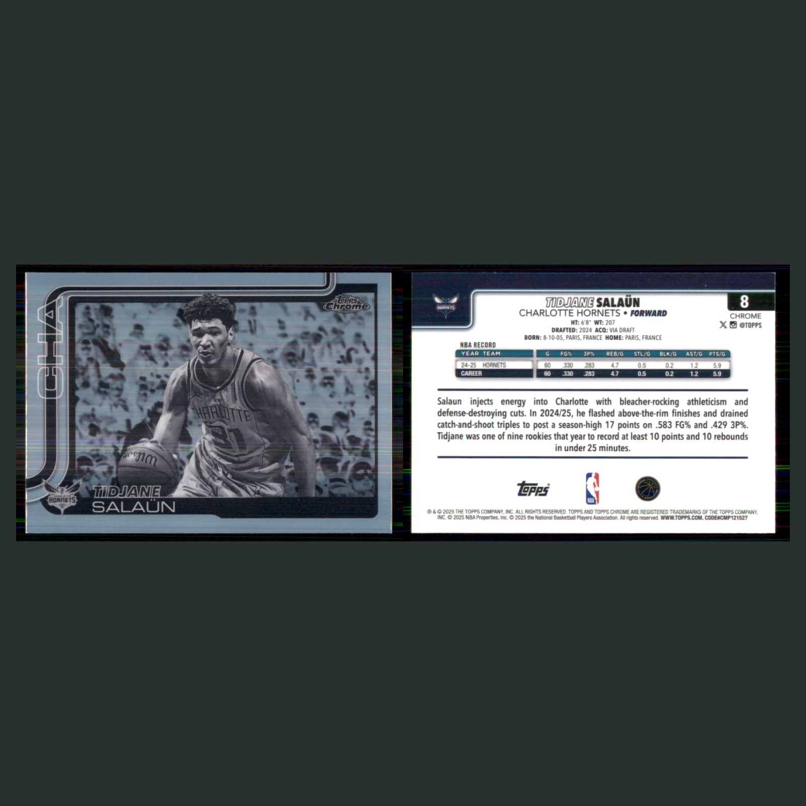 Tidjane Salaün #8 2025-26 Topps Chrome Negative Refractor Charlotte Hornets Card front and back scans. Card condition is Near Mint.