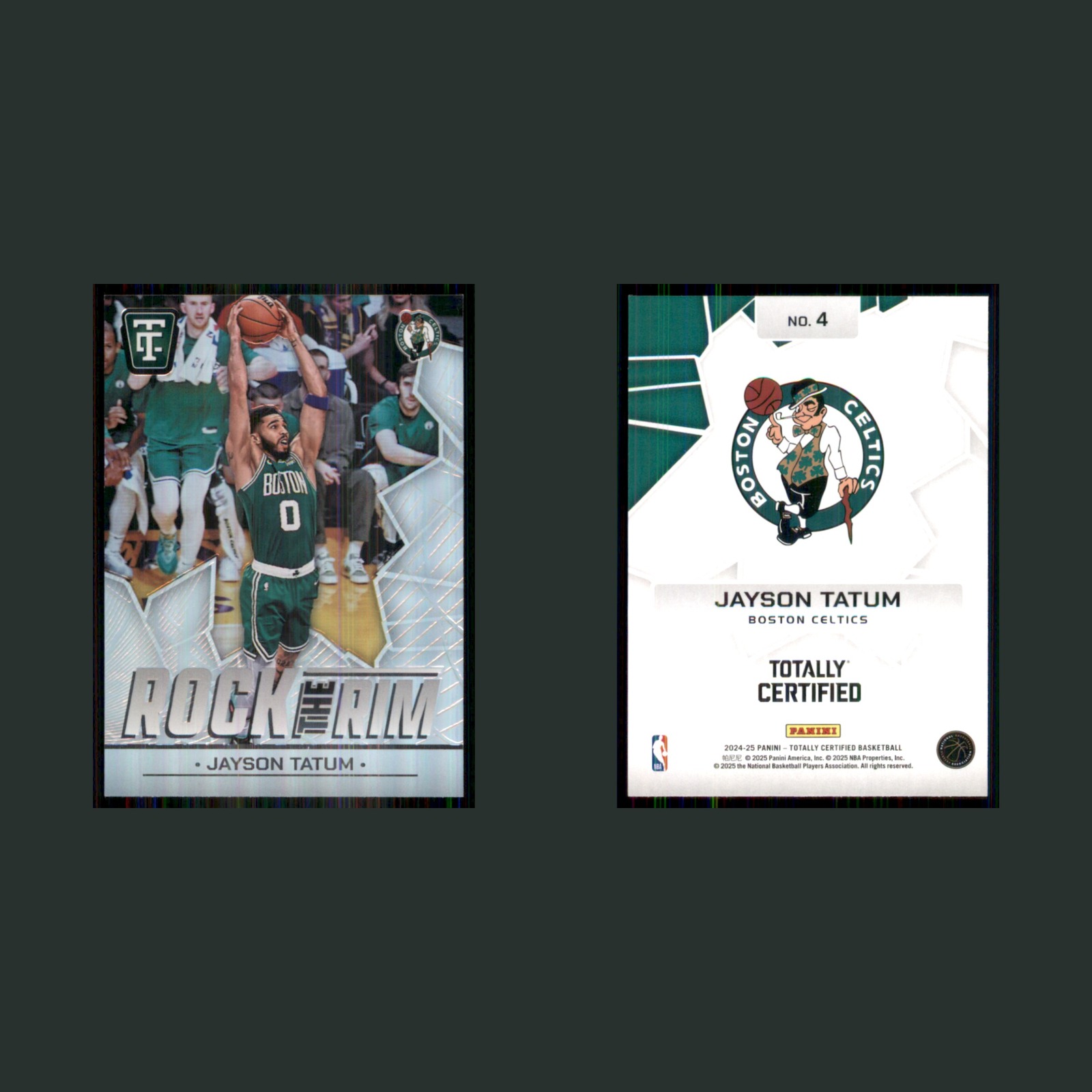 Jayson Tatum #4 2024-25 Panini Totally Certified Rock the Rim Boston Celtics NBA front and back scans. Card condition is Near Mint.