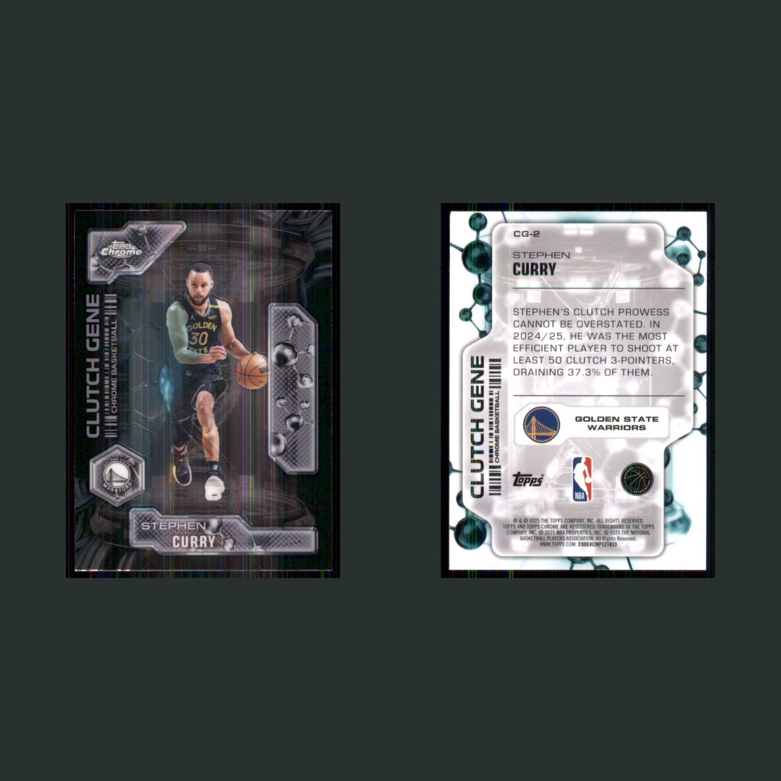 Stephen Curry #CG-2 Steph 2025-26 Topps Chrome Clutch Gene Golden State Warriors front and back scans. Card condition is Near Mint.