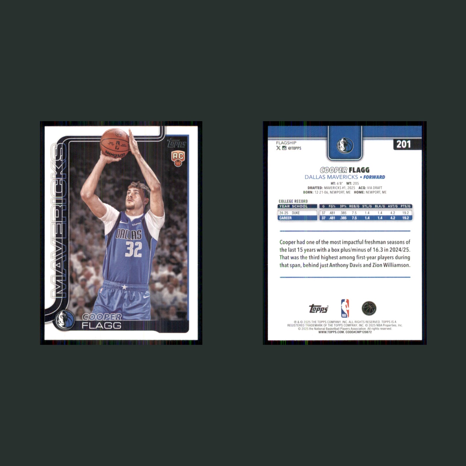 Cooper Flagg Rookie #201 2025-26 Topps Dallas Mavericks Basketball Card NBA front and back scans. Card condition is Near Mint.