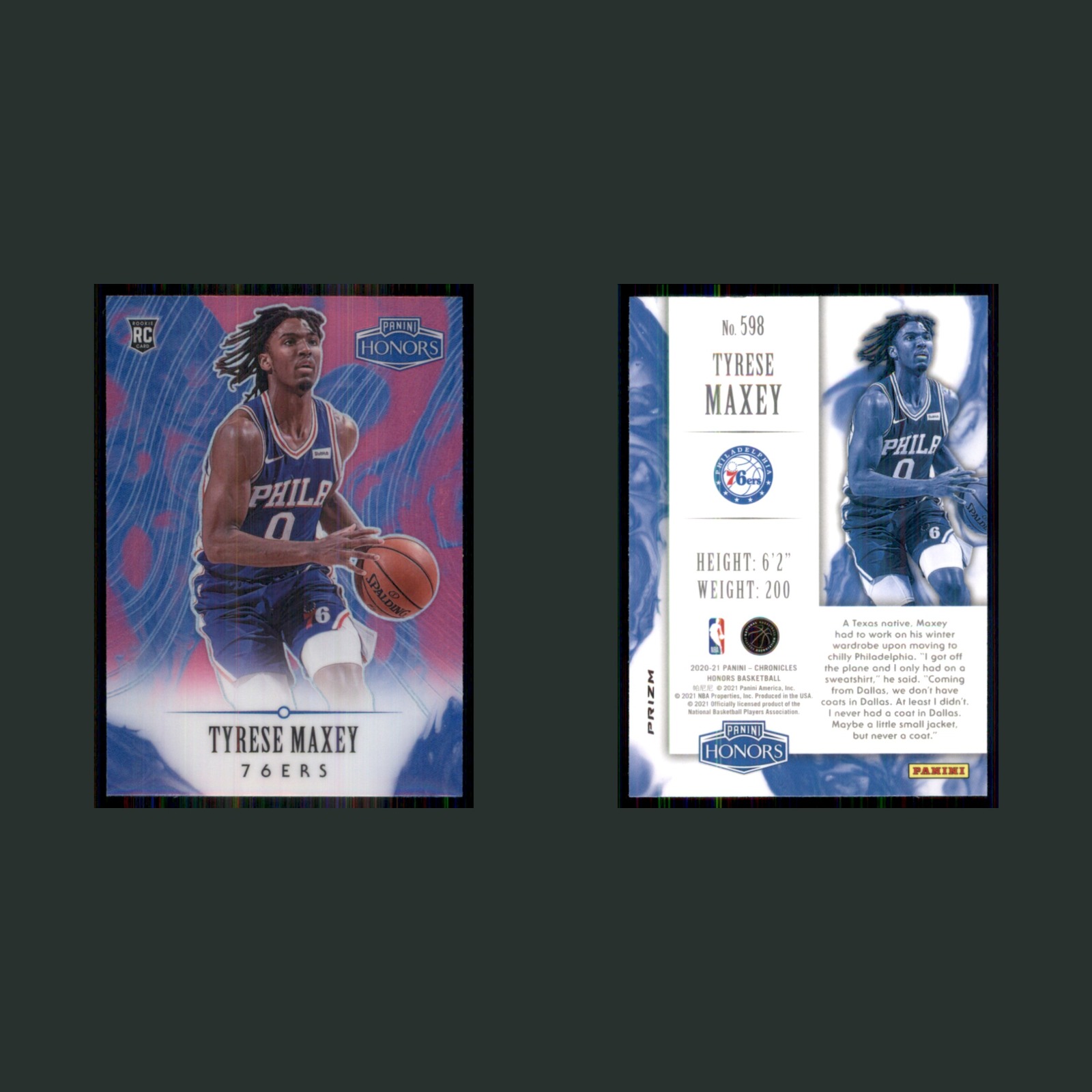 Tyrese Maxey Rookie #598 2021-22 Panini Honors Pink Prizm Philadelphia 76ers NBA front and back scans. Card condition is Near Mint.