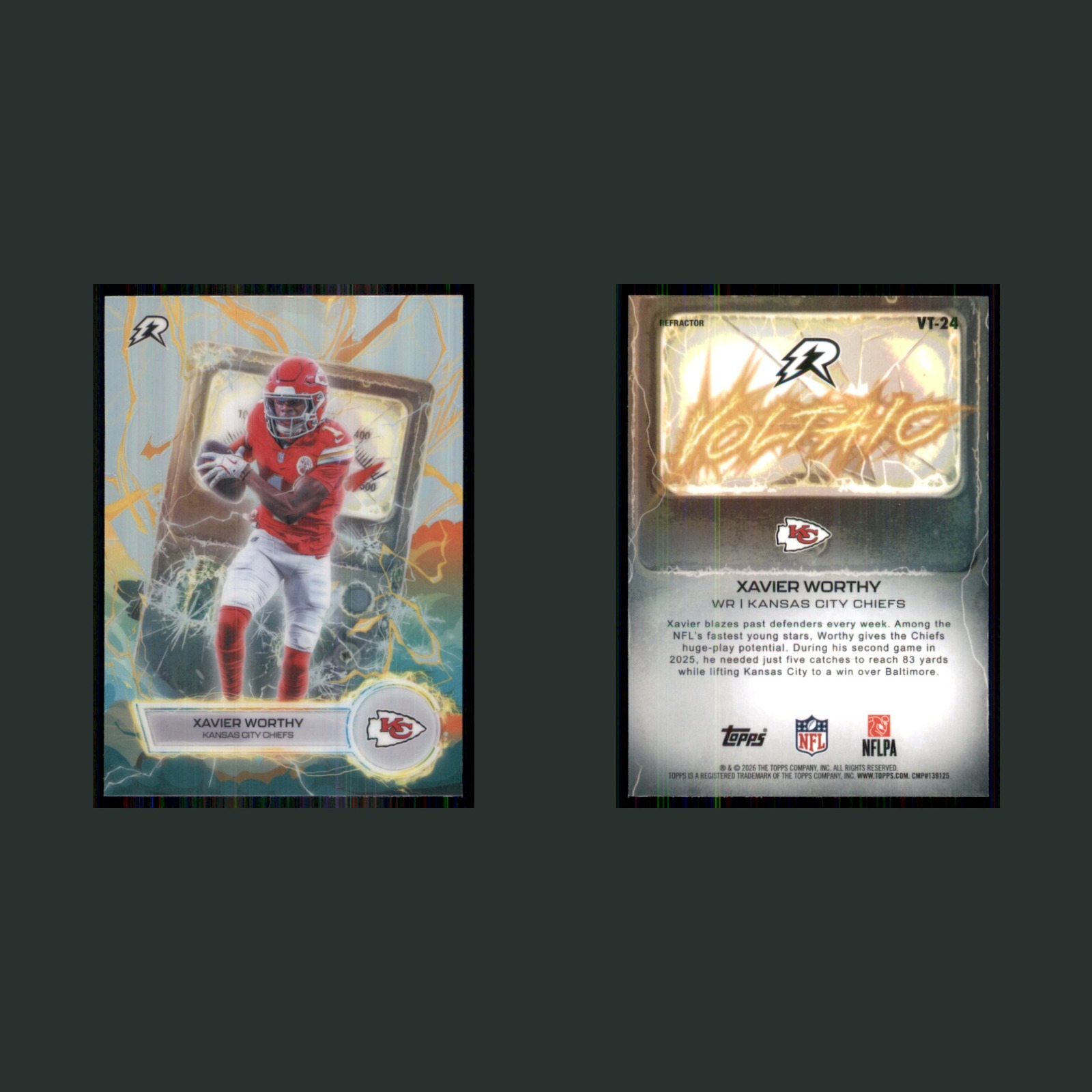 Xavier Worthy #VT-24 2025 Topps Chrome Resurgence Voltaic Refractor Chiefs Card front and back scans. Card condition is Near Mint.