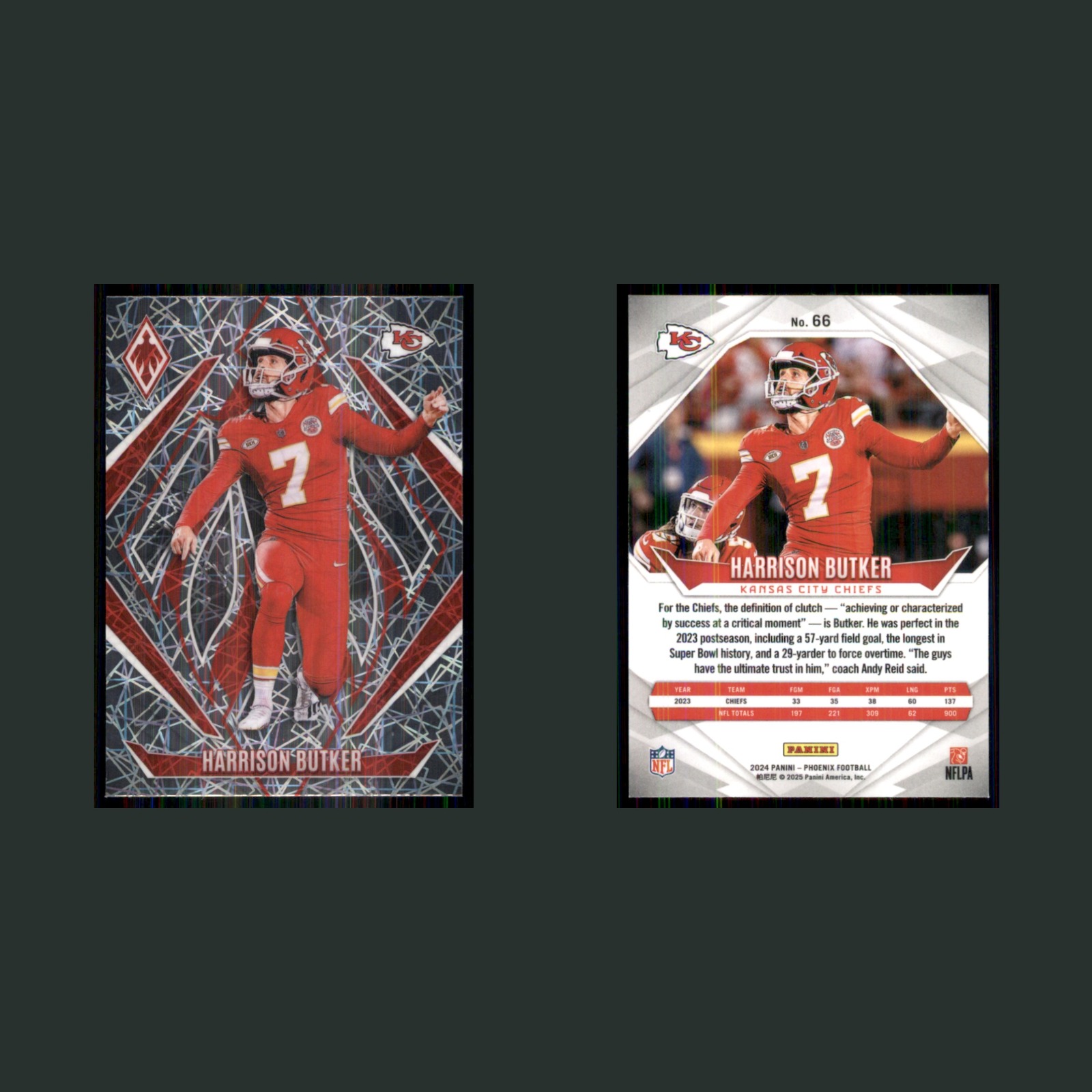Harrison Butker #66 2024 Panini Phoenix Lazer Prizm Kansas City Chiefs Football front and back scans. Card condition is Near Mint.