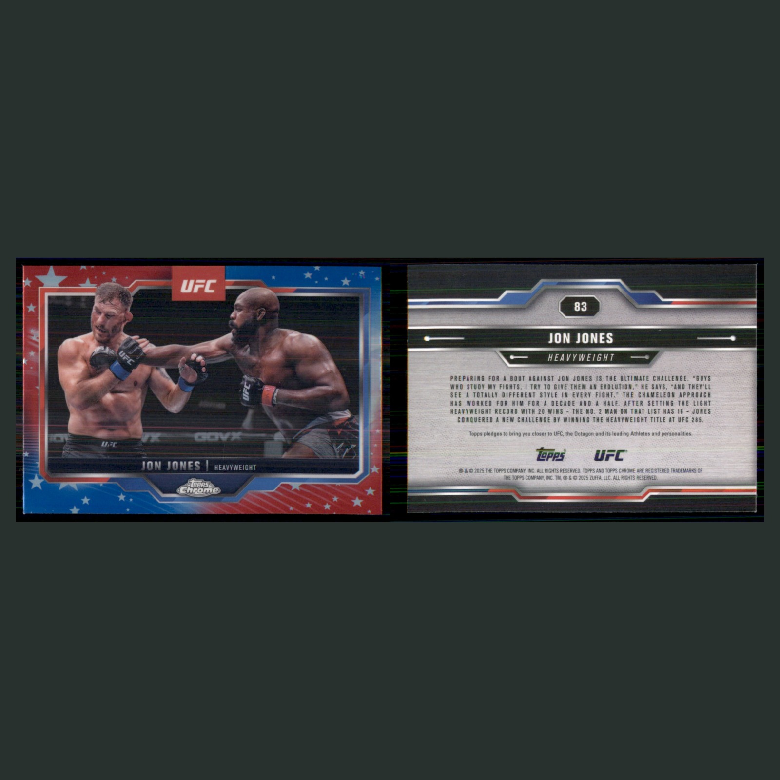 Jon Jones #83 2023 Topps Chrome UFC Red Blue Refractor MMA Card front and back scans. Card condition is Near Mint.