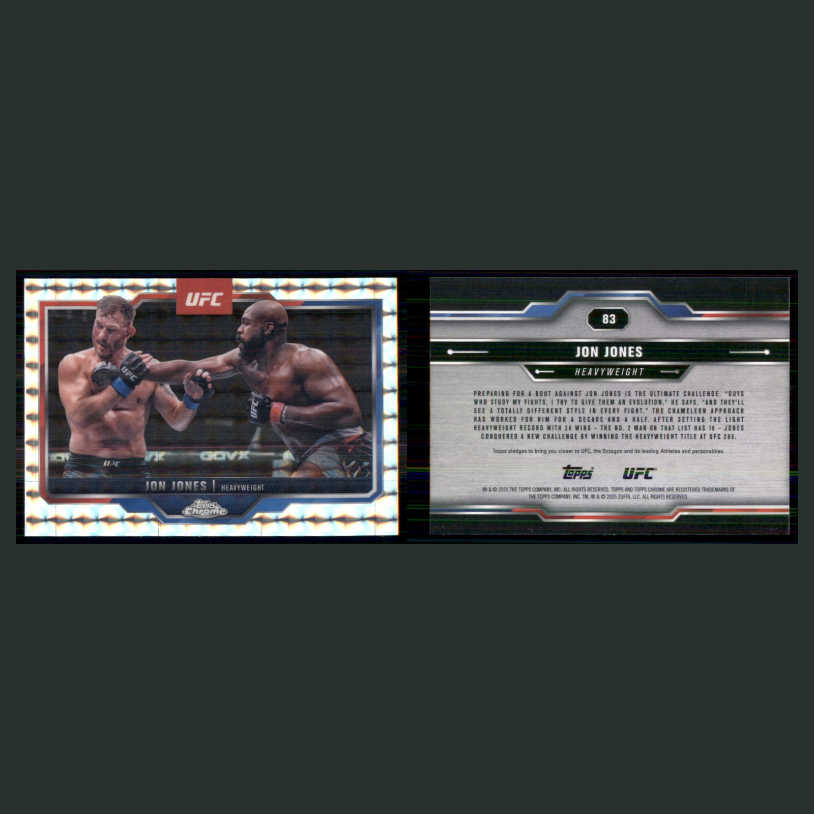Jon Jones #83 2023 Topps Chrome UFC Geometric Refractor MMA Card front and back scans. Card condition is Near Mint.
