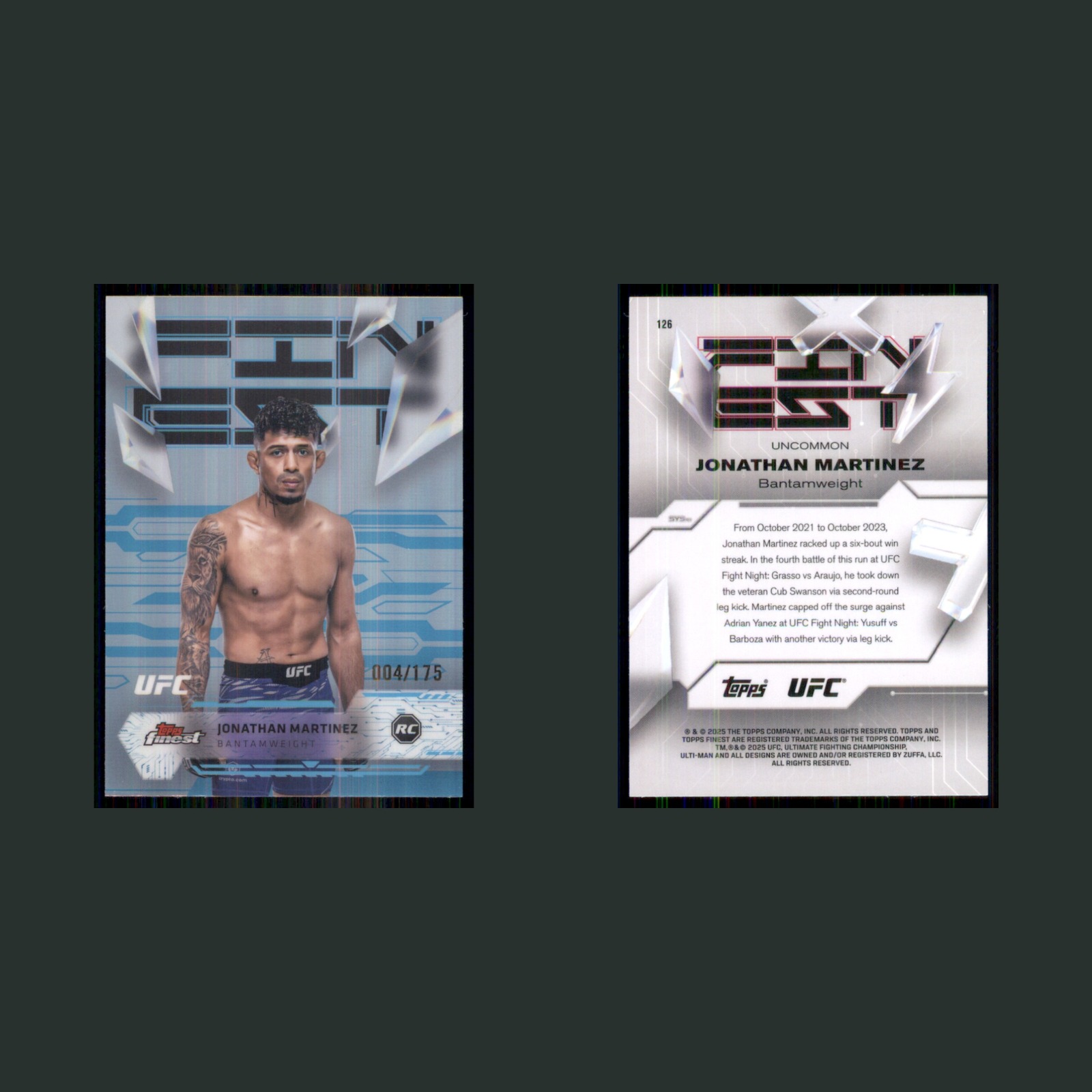 Jonathan Martinez Rookie /175 #126 2025 Topps Finest UFC Blue Refractor MMA Card front and back scans. Card condition is Near Mint.