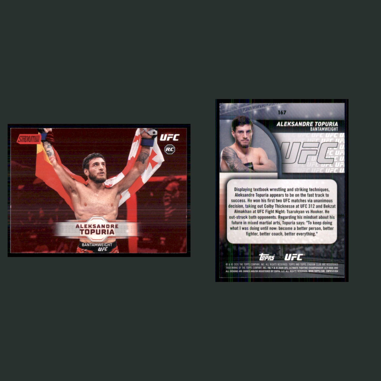Aleksandre Topuria Rookie #167 2026 Topps Stadium Club Red MMA Card front and back scans. Card condition is Near Mint.